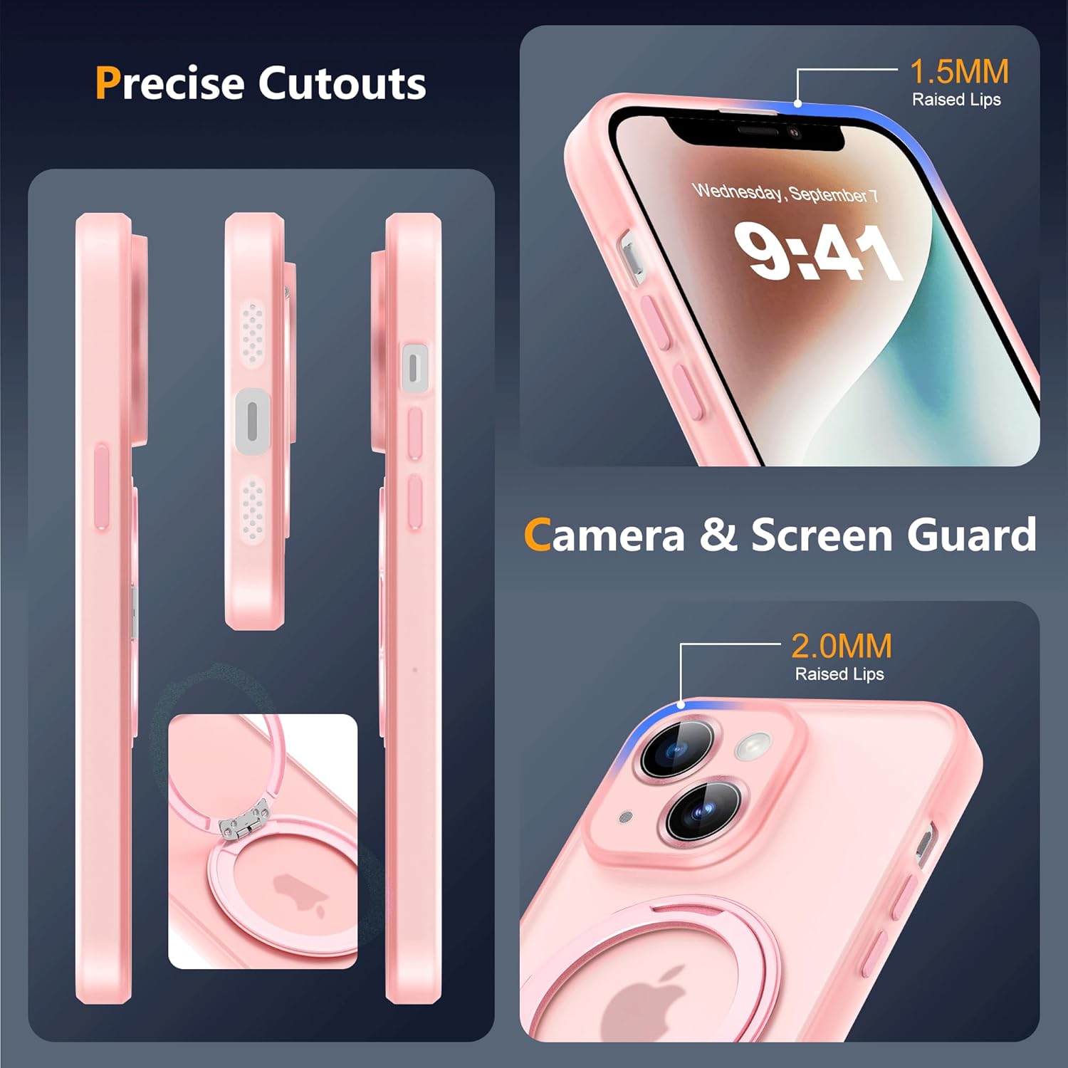 Compatible with iPhone 14 Case 6.1"[Full Camera Lens Protection][Compatible with Mag-Safe][360°Rotatable Magnetic Ring Stand] Translucent Protective Case for iPhone 14,Pink