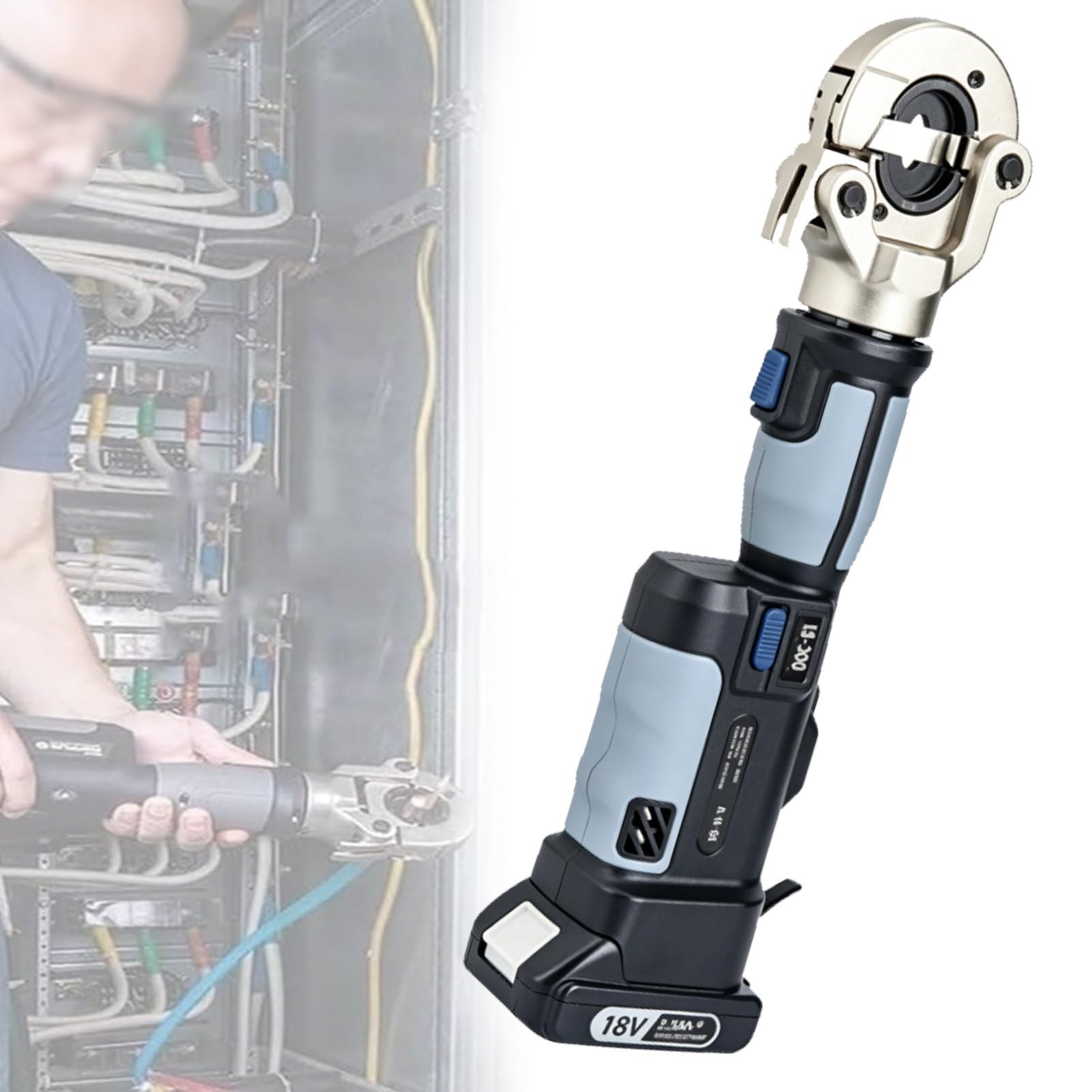 Pvxa 16-300Mm² Rechargeable Hydraulic Crimper, Industrial Hydraulic Cable Lug Crimper, with 12 Pairs of Dies, 360° Rotating Head, for Aluminum Terminal Crimping Grey