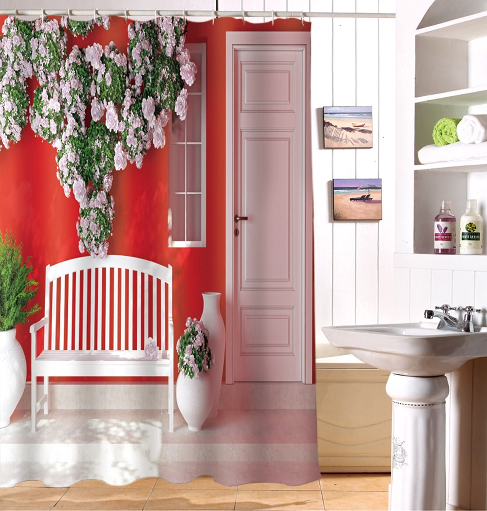 Rideau de douche japonais grand format 200x180 fleur rouge impermeable