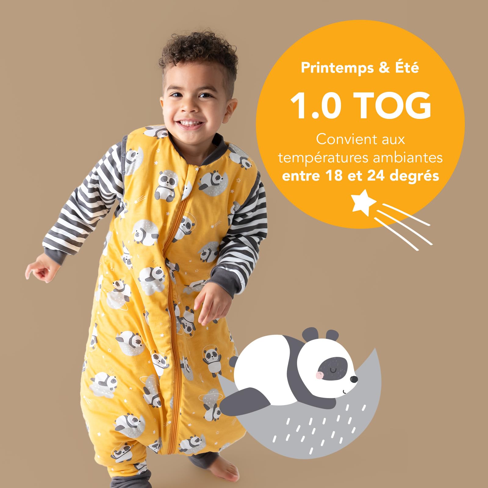 schlummersack Slumbersac gigoteuse à pieds été pour bébé 1.0 Tog 80 cm légère et douce, Panda| Turbulette avec ouvertures aux jambes et manches, taille 80-90 cm, pour été & printemps