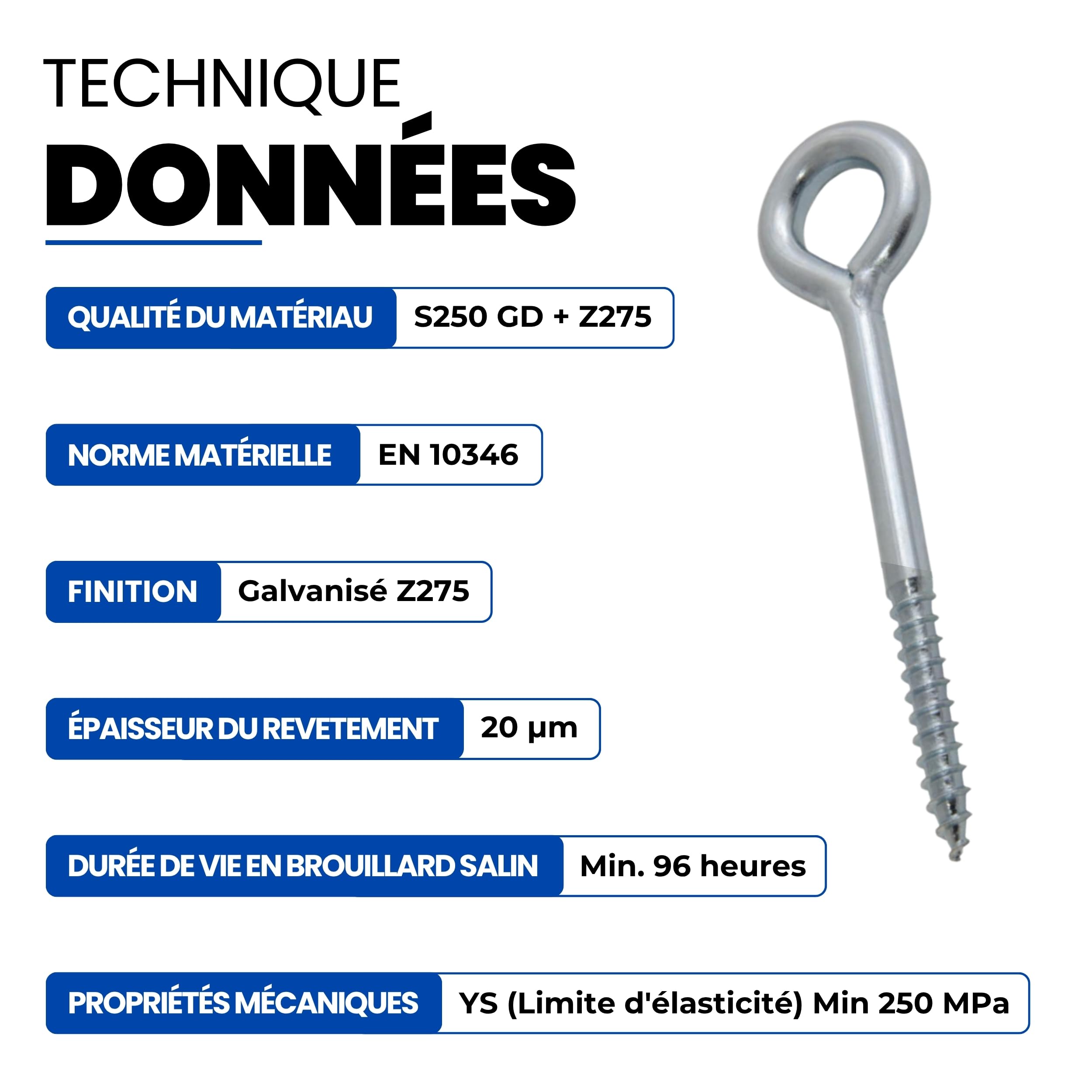 GeZu Impex Boulon à oeil Galvanisé Lot de 8 230 mm boulons à anneau à œil à tige à vis fermée robuste