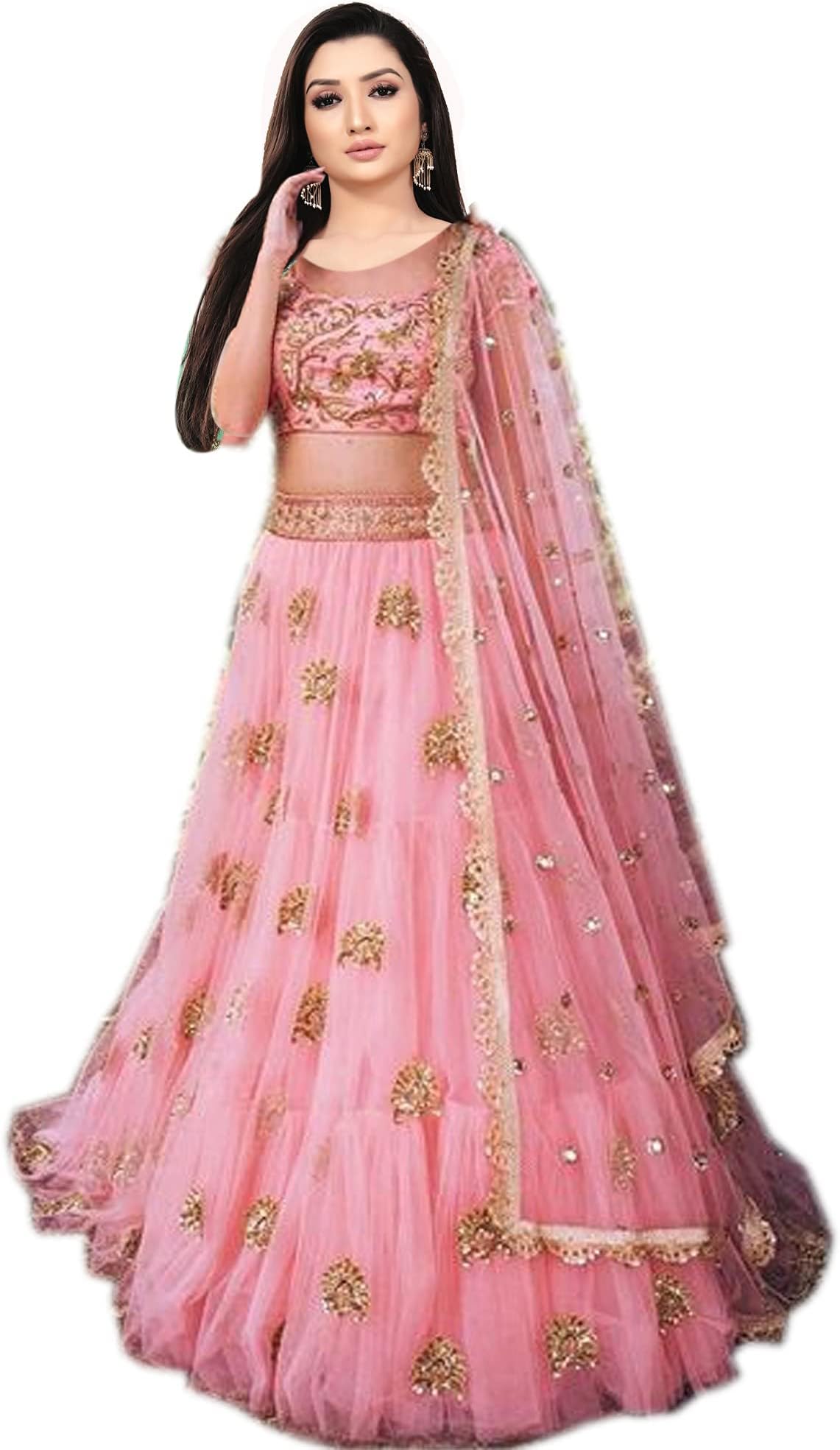 Mordenfab Women's Pink Net Embroidered Semi Stictehd Lehenga Choli