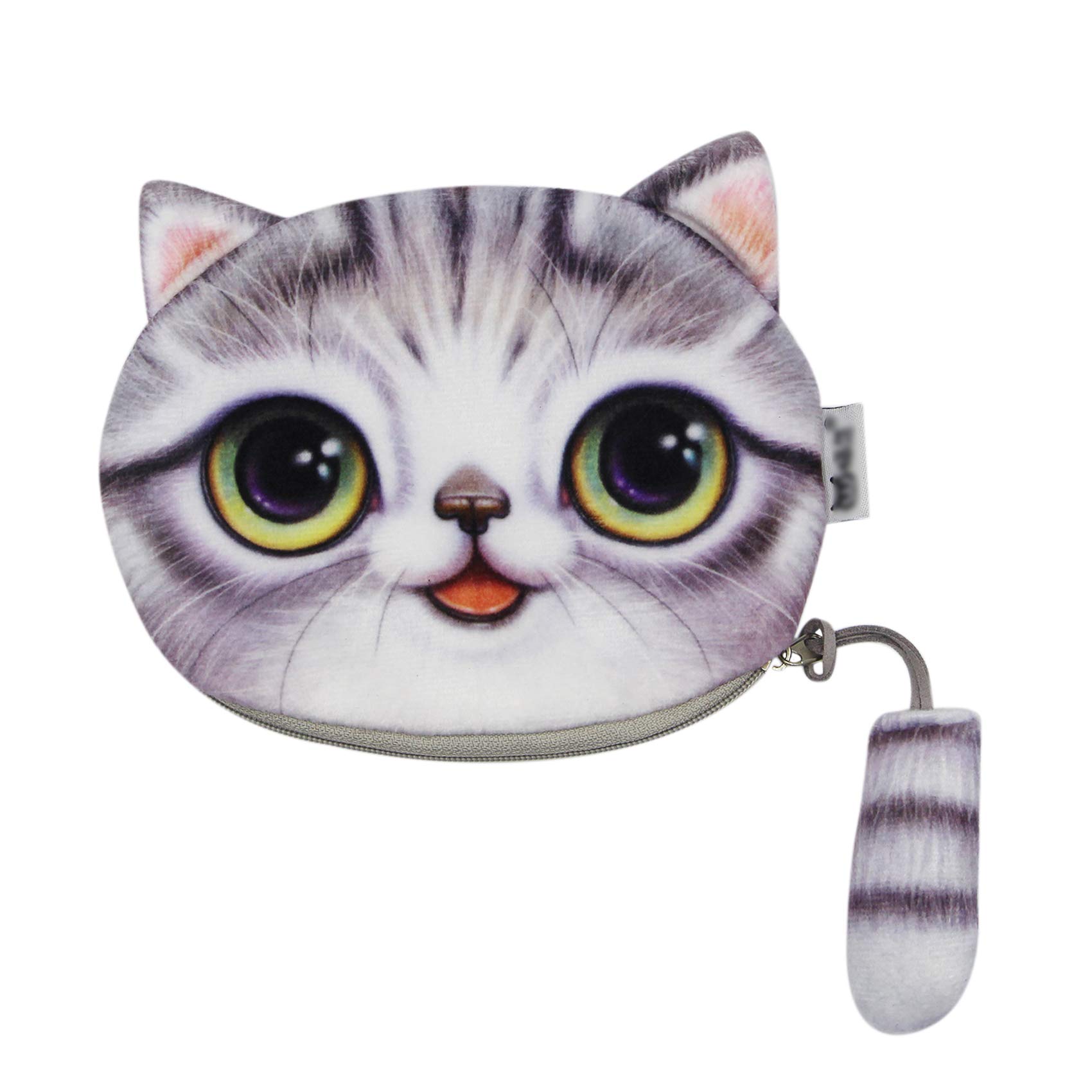Cute 3D Plush Cat Face Coin Purse Kitty Money Bag Pouch Wallet Storage Cosmetic Makeup Case with a Cat Tail Zipper. Grey