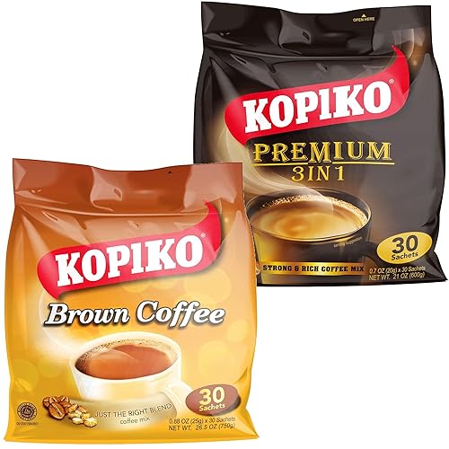 Kopiko Premium 3 en 1 mezcla de café instantáneo y café marrón, 30 unidades por bolsa, paquete variado con bolsa ShopEssential