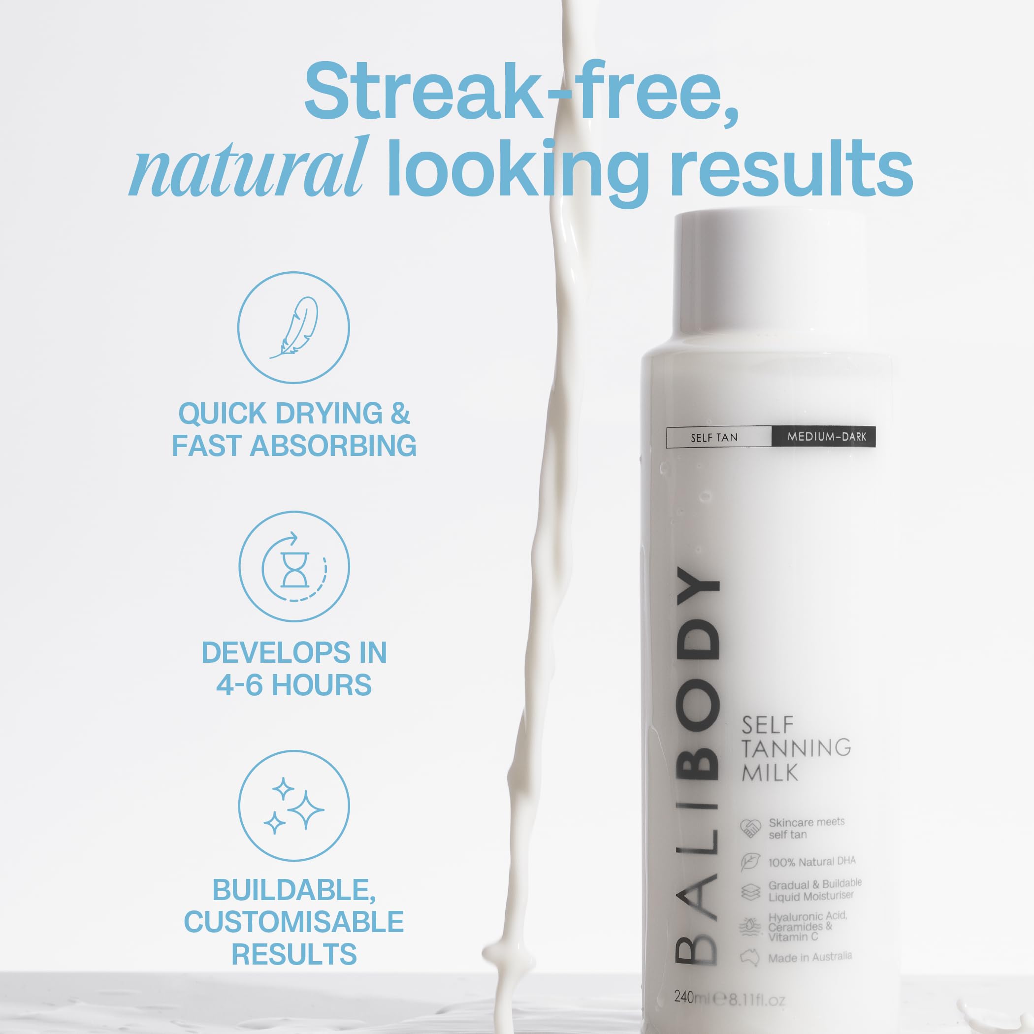 Bali Body Self Tan Milk, Buildable Gradual Tanner, 240ml