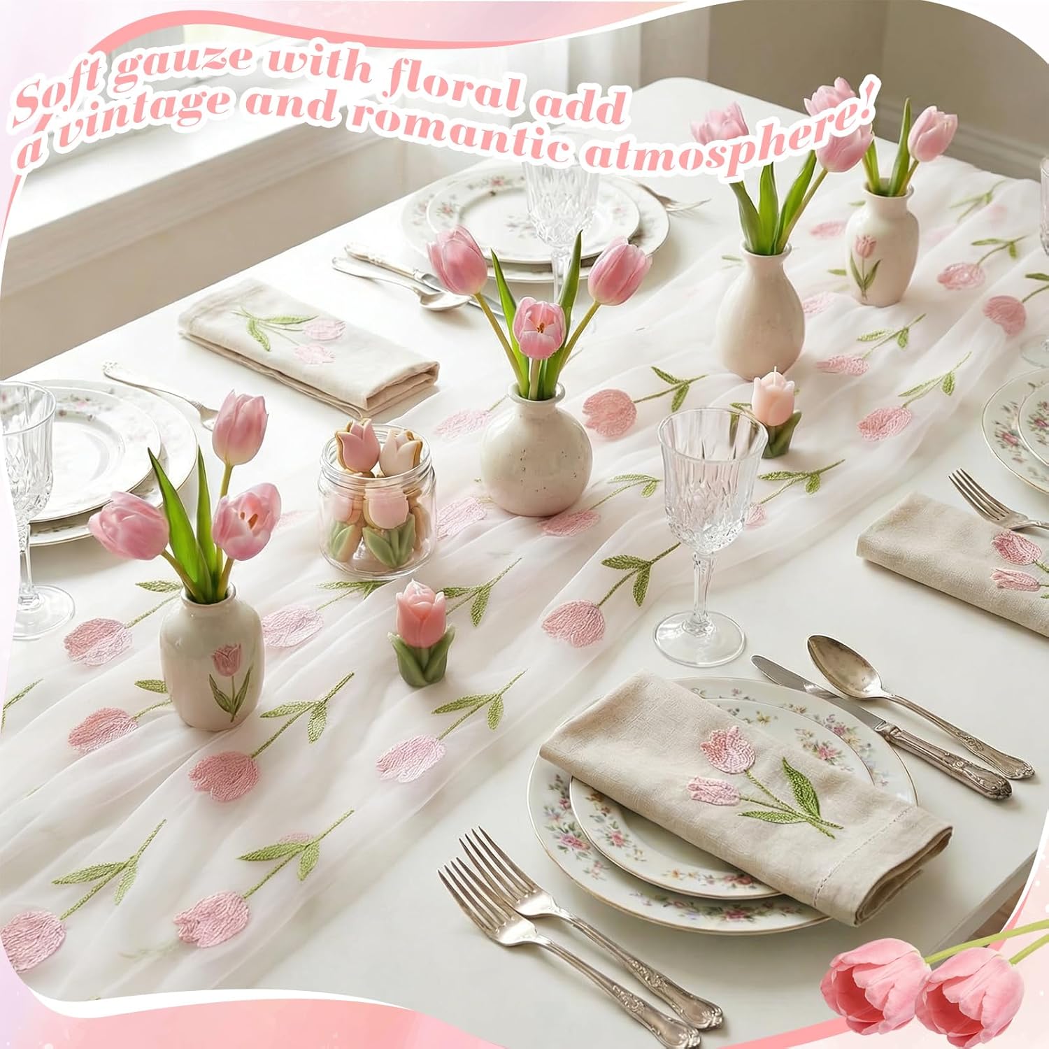 Mindsoft 3 Pcs Pink Floral Tulip Table Runner 10ft Gauze Embroidery Tulip Sheer Floral Tulle Easter Lace Table Runner for Wedding Bridal Baby Shower Holiday Dining Decor DIY