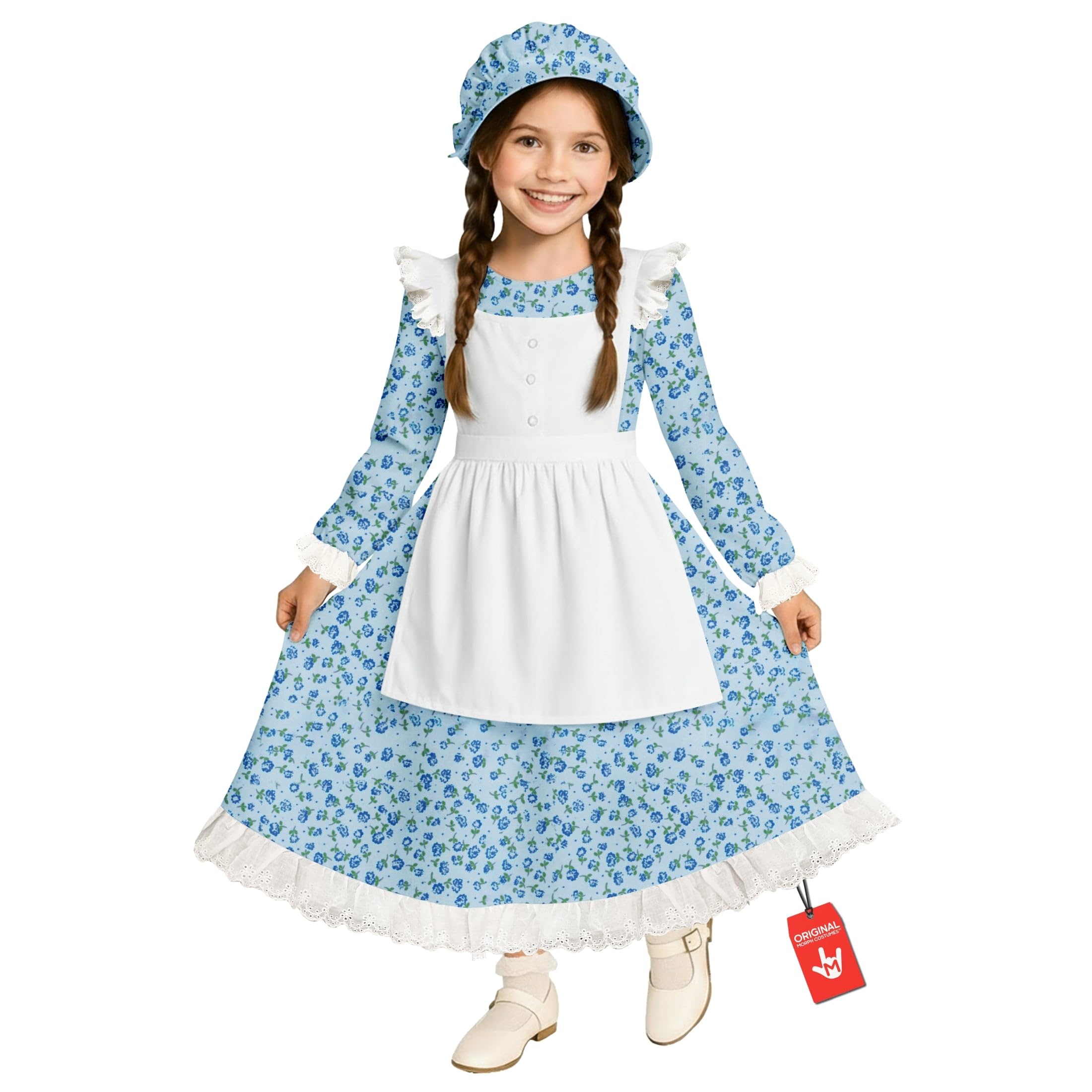 Morph Blue Pilgrim Girl Costume, Pioneer Girl Dress, Colonial Costume Kids, World Book Day Costumes For Girls Pioneer 7-9
