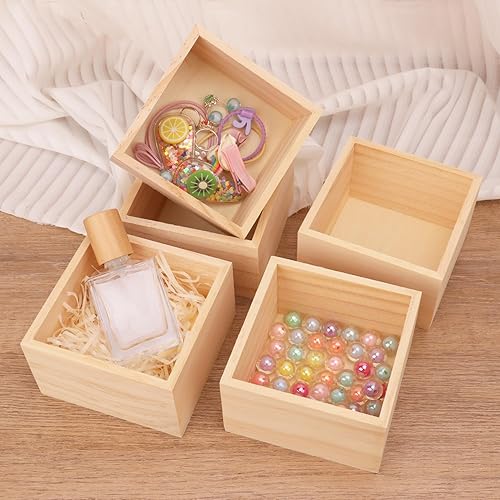 Miniatura 6 de Paquete de 24 cajas de madera, cajas de almacenamiento pequeñas cuadradas sin terminar de 4 x 4 pulgadas, caja de madera rústica, cajas pequeñas de