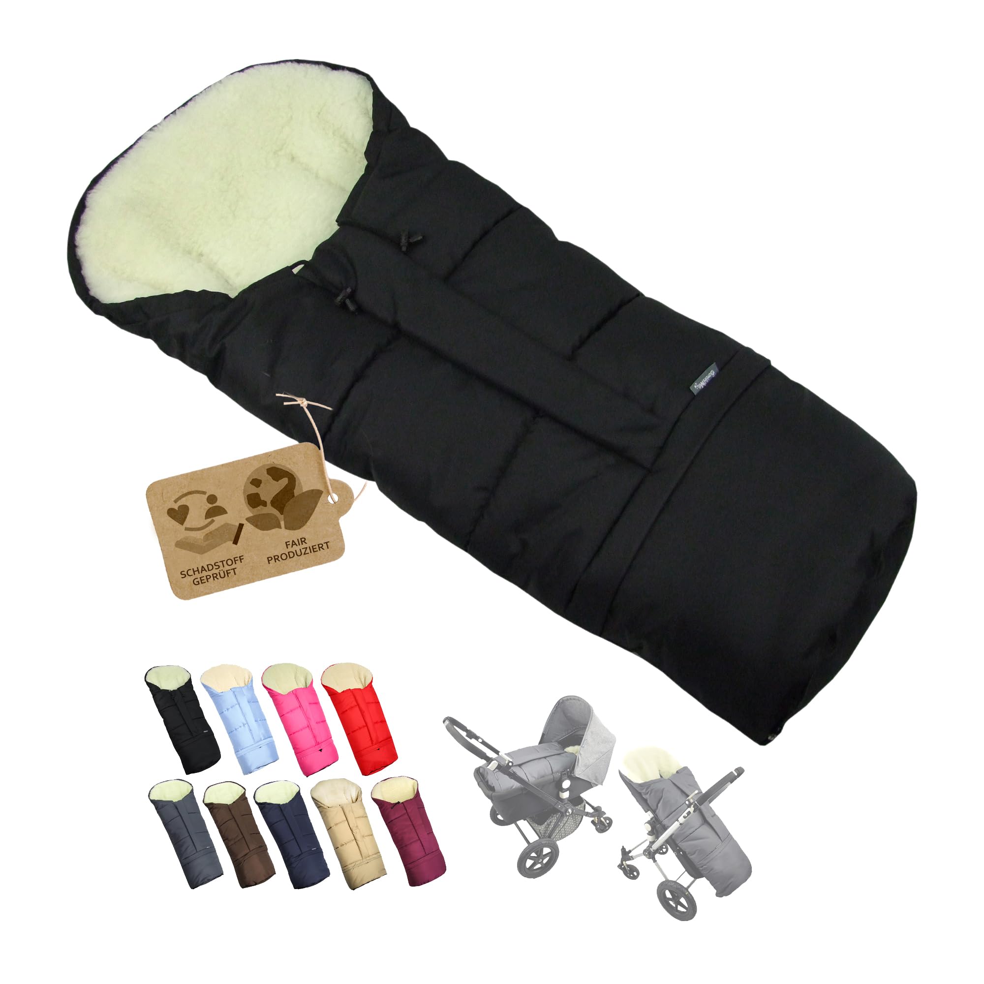 BambiniWelt by Rafael K. Winterfußsack – universaler Fußsack für Kinderwagen, Buggy & Schlitten in Mumienform – Lammwolle, größenverstellbar (90–110 cm), warm, waschbar & windabweisend (schwarz)
