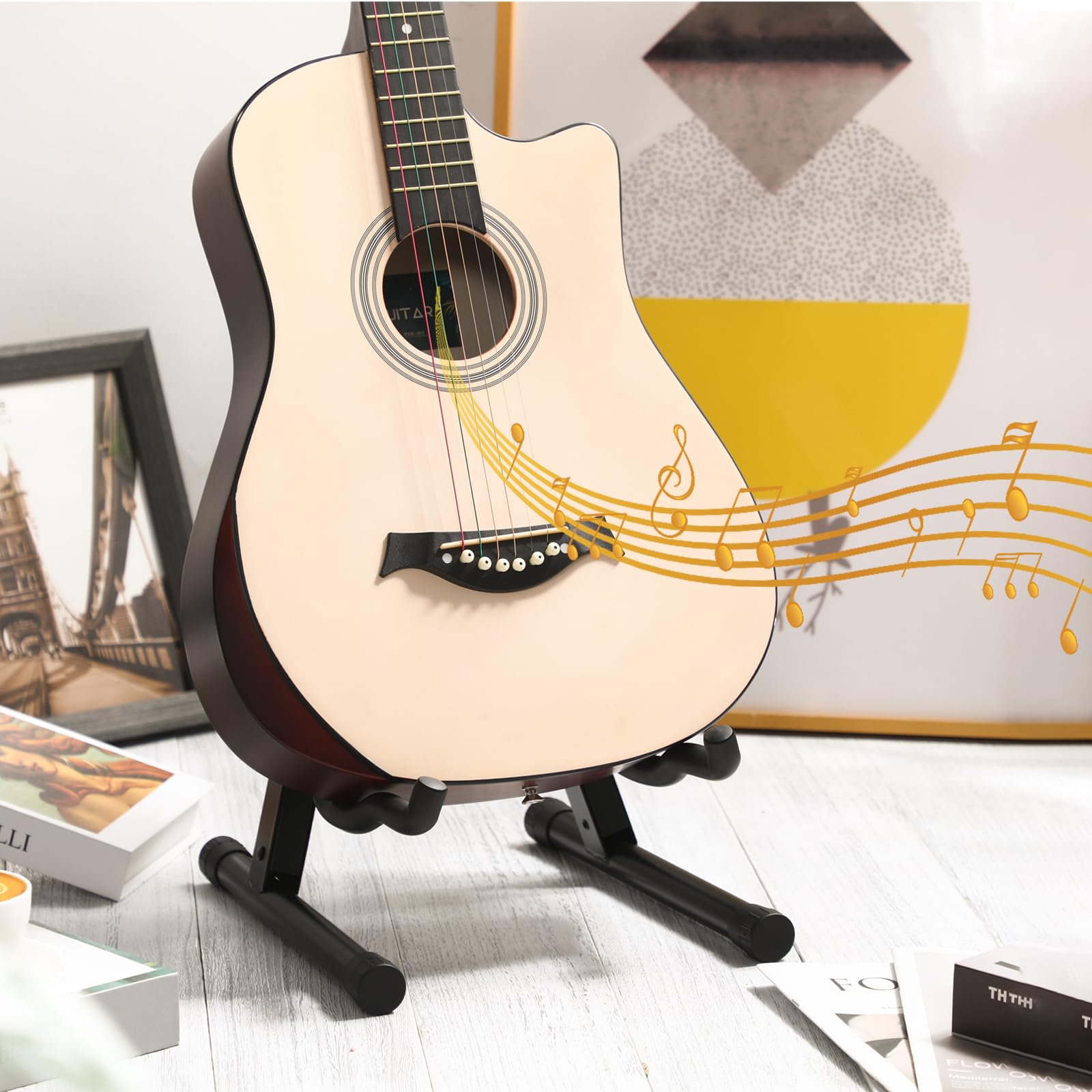 Sadnyy Gitarrenständer, zusammenklappbar, universal, montiert, schwarz, ein Rahmenständer mit sicherem Verschluss, rutschfeste Gummi- und weiche Schaumstoffarme, Gitarrenständer für die meisten