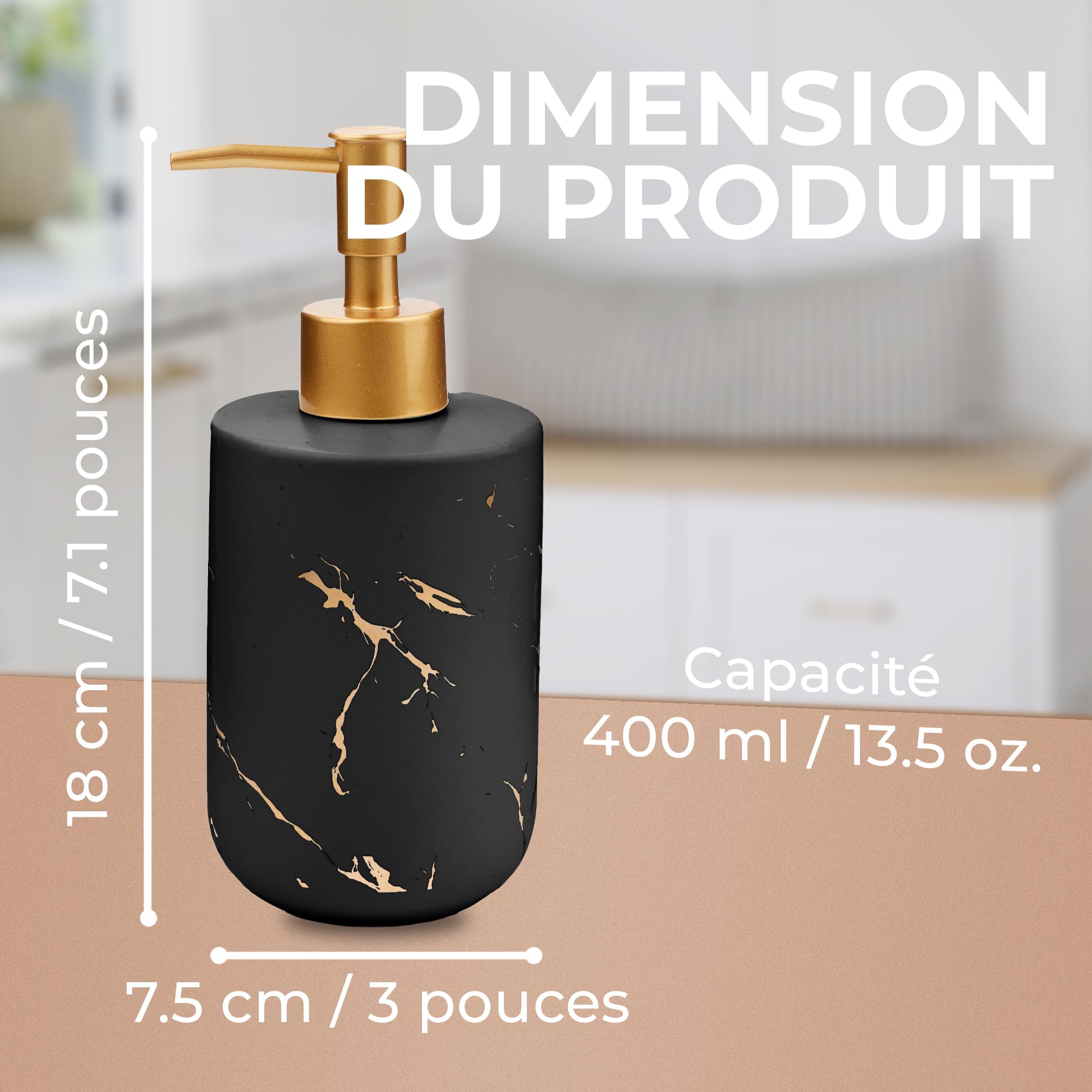 Distributeur Savon Douche Céramique 400ML | Distributeur Savon Salle De Bain | Distributeur De Savon Liquide Vaisselle Pompe Savon | Pousse Mousse Savon Main | Distributeur À Savon (Noir)
