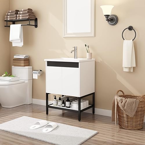 Miniatura 6 de walsport Juego de tocador de baño de 24 pulgadas con lavabo, color blanco, diseño moderno, sin pomo, lavabo con grifo cromado, tocadores de baño