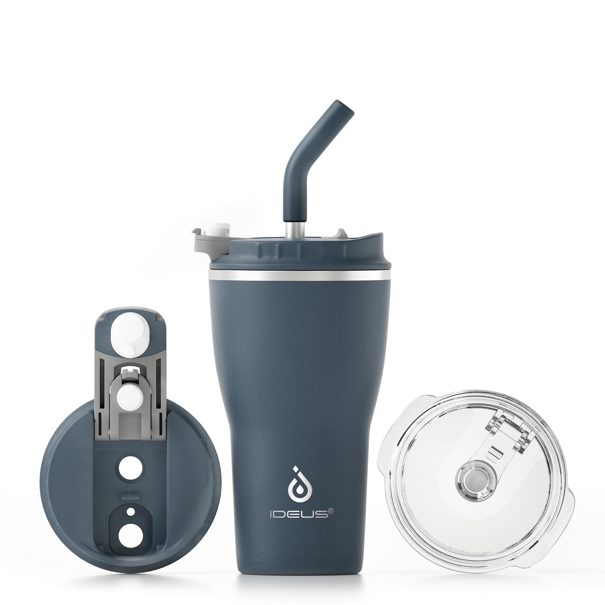 IDEUS Insulated Tumbler with Lid and Straw 14 oz, Navy Blue