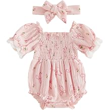 Newborn Baby Girls Summer Clothes Floral Bow Lace Ruffle Pleated Smocked Bubble Romper Bodysuit Jumpsuit Outfit