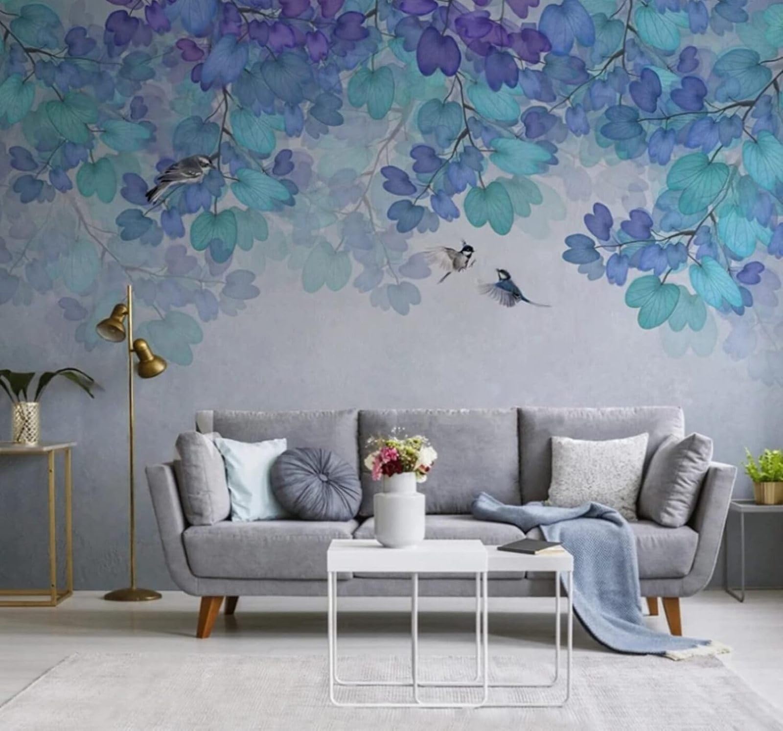 Hand Drawn Ink Wash Blue Leaves Birds in Flight 3D Wallpaper Easy Install Feature Office Living Room Sofa Bedroom TV Background Wall Decoration-250cm×170cm