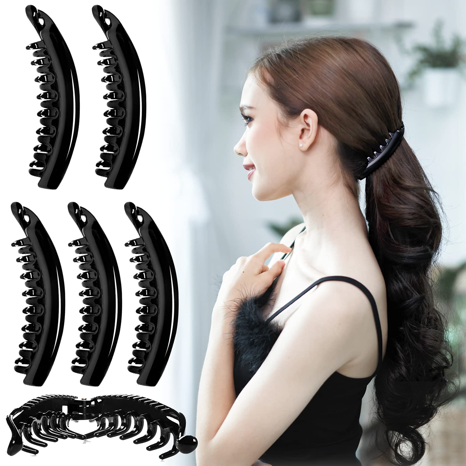 RC ROCHE 6 Pcs Large Banana Hair Clips Claws for Women Thick Curly Ponytail Holder Maker Big Comb No Crease Strong Hold Styling Clasp, Medium Black