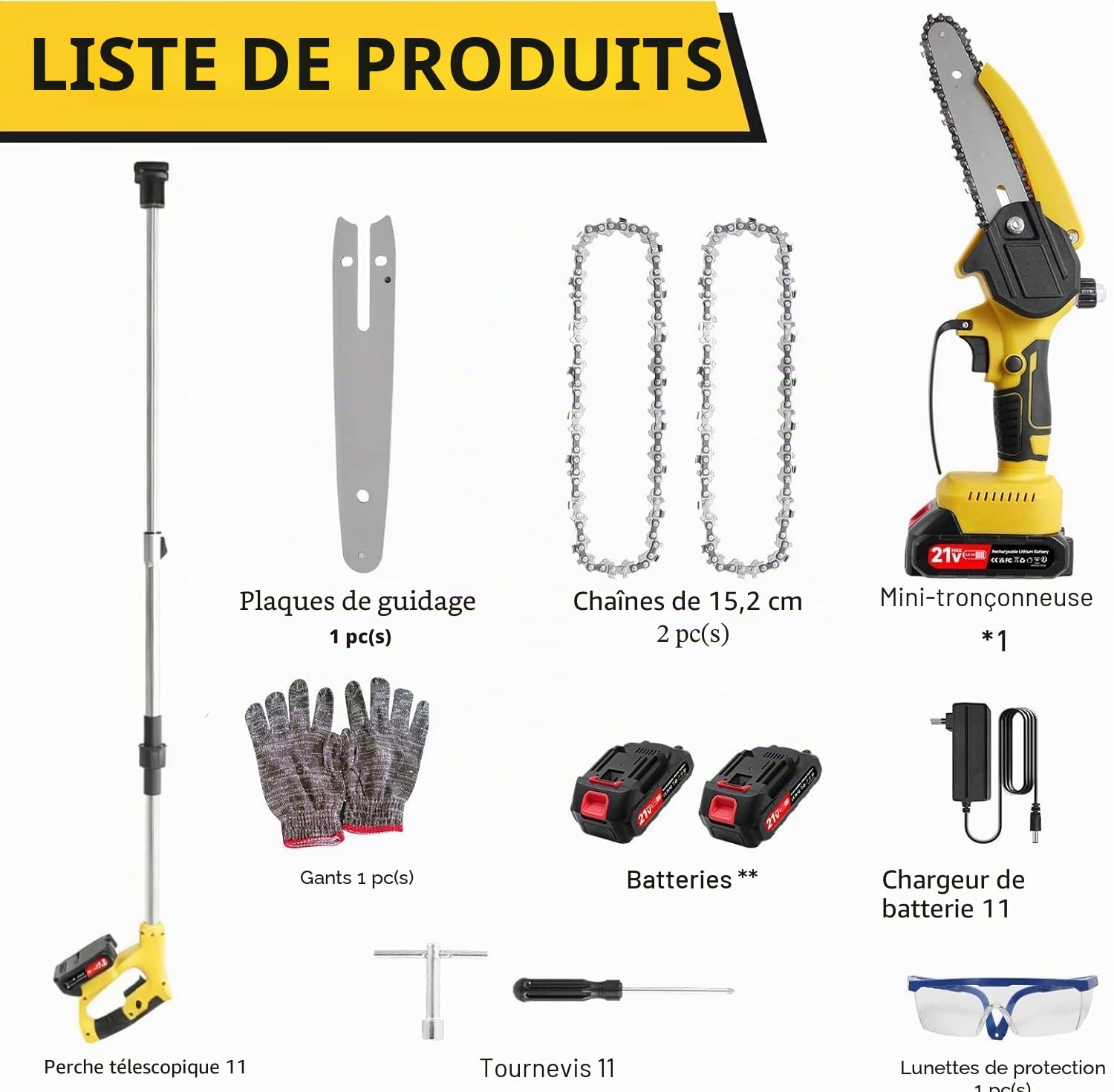 Élagueuse sur perche sans fil avec 2 batteries de 2000mAh scie à branches professionnelle | Tronçonneuse électrique avec perche télescopique 1,52-1,72m pour la coupe des branches de jardin