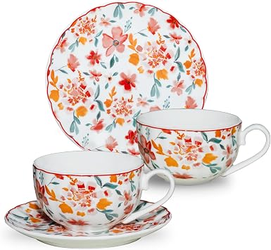 Cups and Saucers Coffee Tea Cups Set of 2 7.4 oz/ 220ml Ceramic Cup Espresso Mug Floral Porcelain Vintage Flower Pattern for Gifts, Gatherings, Receptions,Breakfast, Home