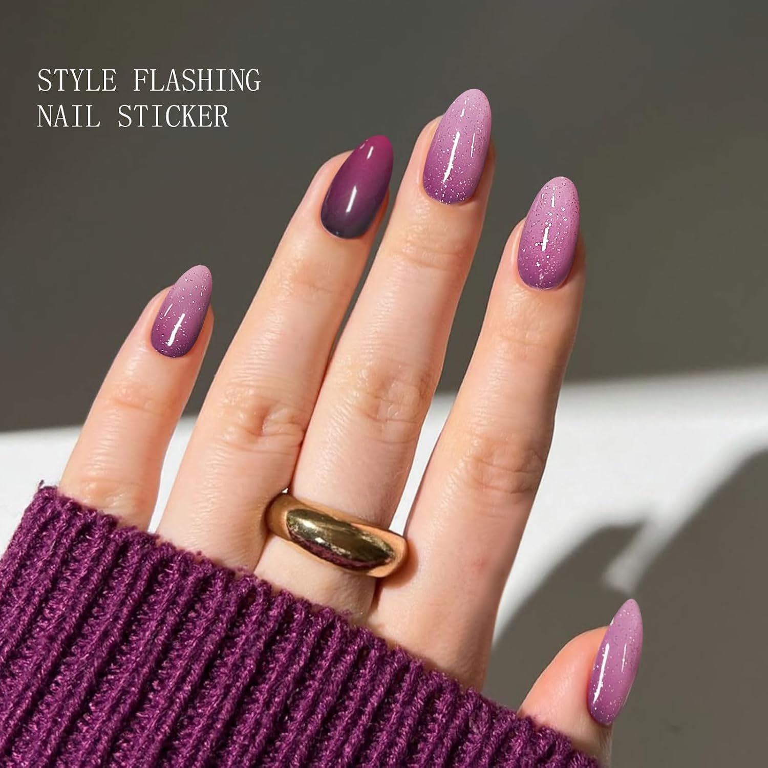 JMEOWIO Gel Nail Stickers Purple Glitter Semi Cured Gel Nail Strips Wraps UV/LED Nails Art Design Decoration Accessories