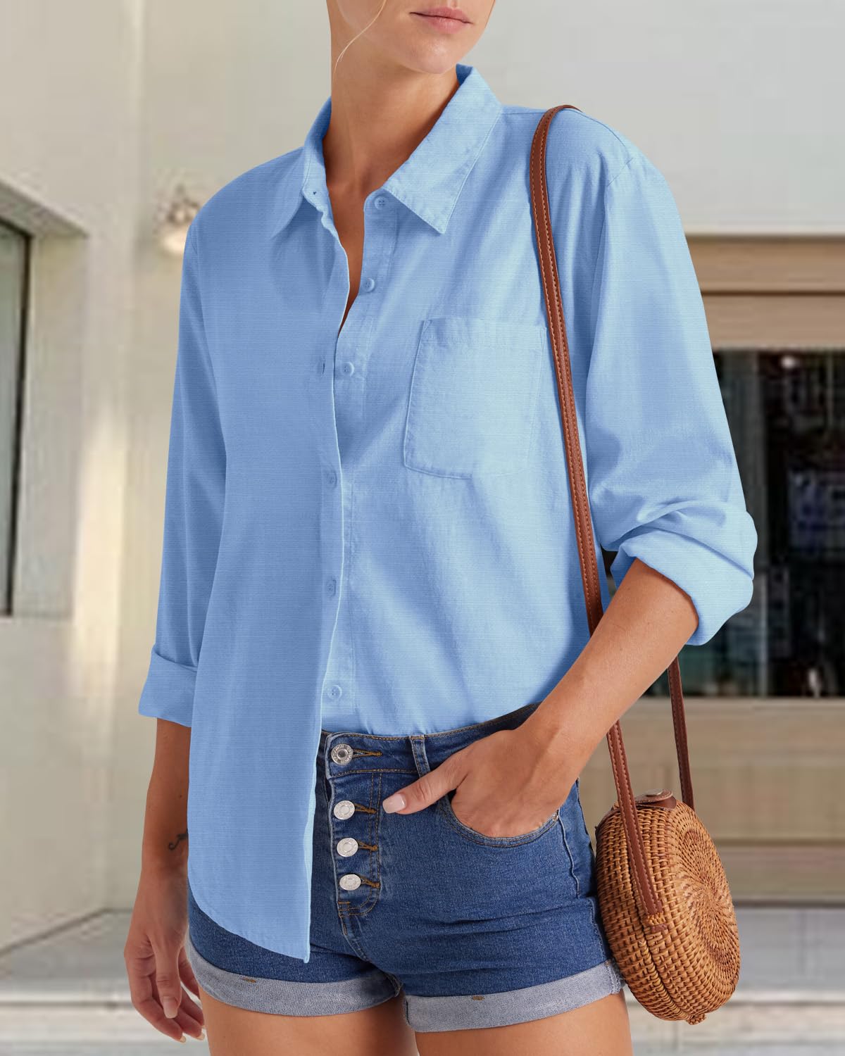 Friptspyg Blusa de Mujer con Cuello en V y Manga Larga 100% Algodón Casual con Bolsillo Suelta y Versátil para Verano