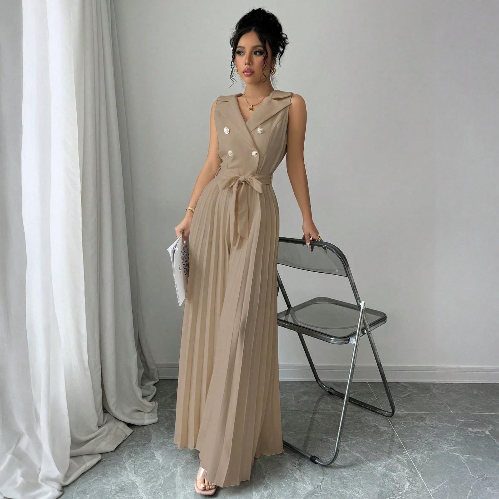 FUPODD Hosenanzug Damen Festlich Elegant Hochzeit Jumpsuit Damen Sommer Lang Plissee Weites Bein Overall Hochzeitsgast Ärmellos Buisness Jumpsuits Mit Gürtel Einteiler Party Romper Cocktail Playsuit