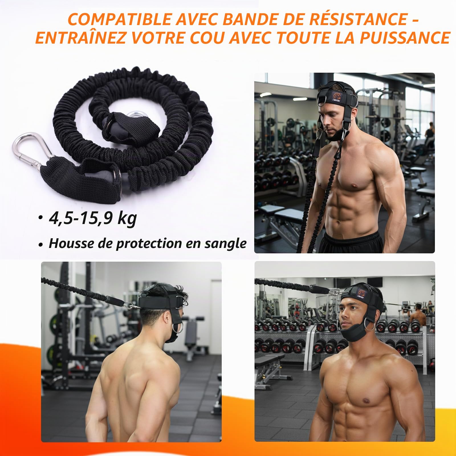 J Bryant Harnais de cou avec système de poulie pour entraînement de résistance – Entraîneur de force du cou à 360° pour salle de sport et entraînement à domicile, harnais de tête réglable avec