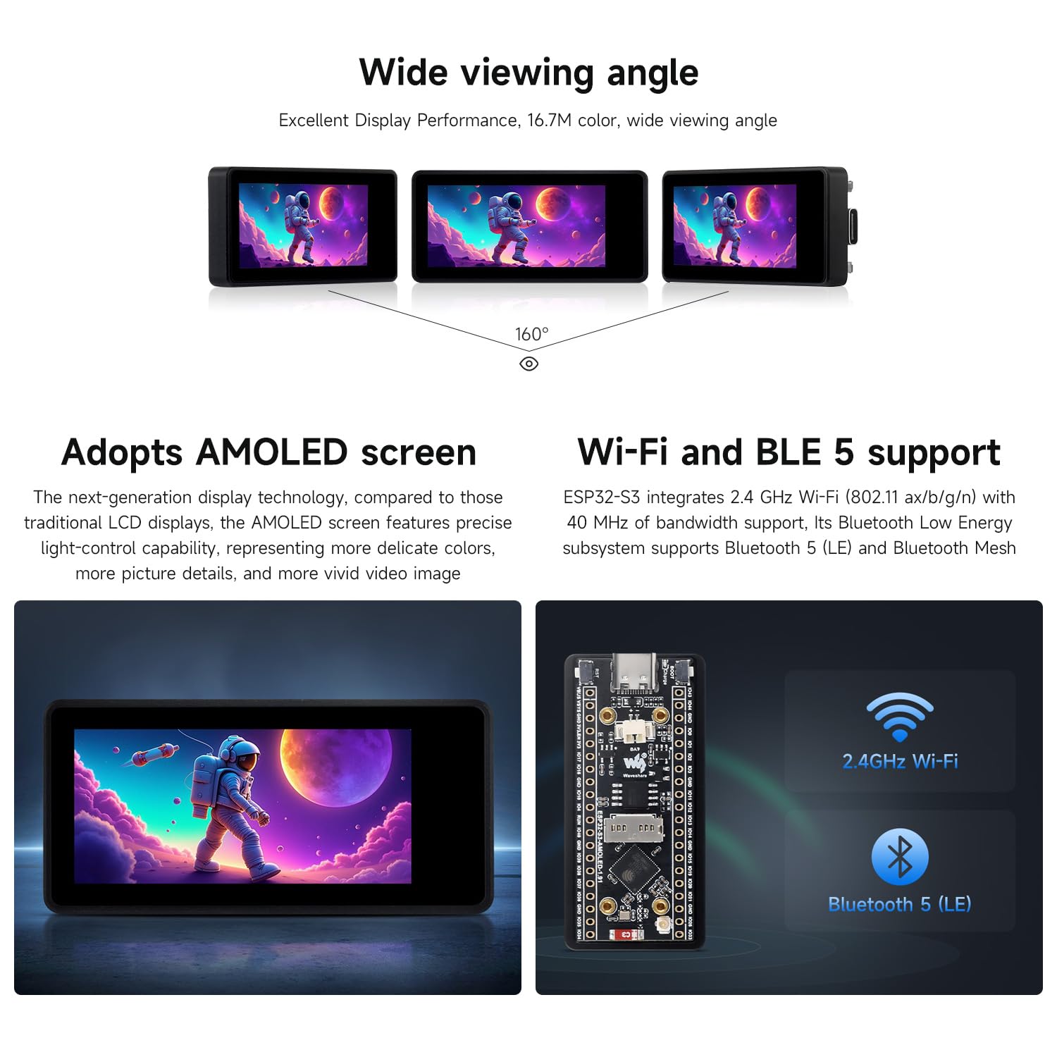 Waveshare ESP32-S3 1.91inch AMOLED Display Development Board, 240×536, 32-bit LX7 Dual-core Processor, Up to 240MHz Frequency, with Touch Function, with Pre-Solder Header