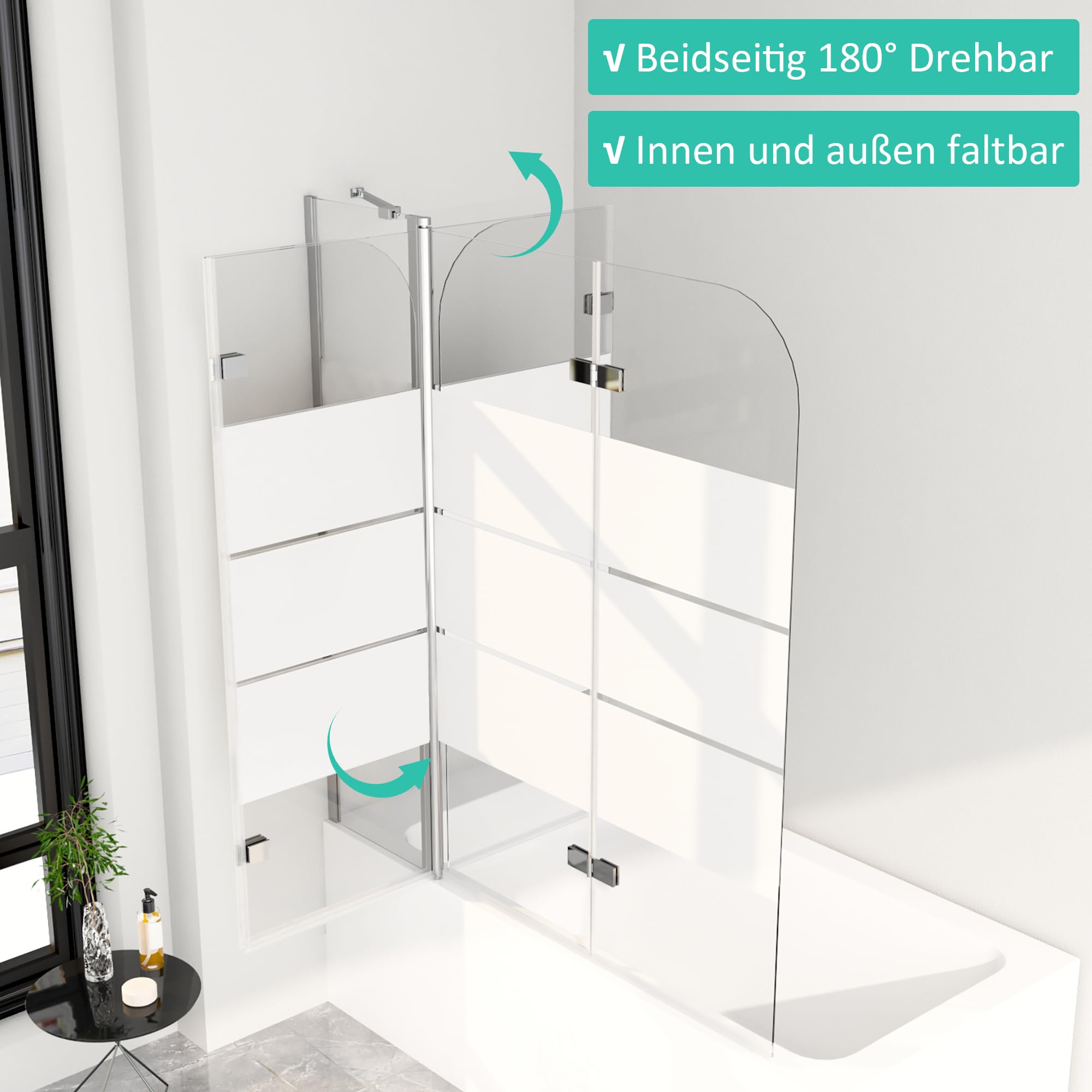 Duschwand für Badewanne 160x140cm 3-teilig Duschwand Badewannenaufsatz mit festem Segment Badewannenfaltwand Duschtrennwand Duschabtrennung für Badewanne, 6mm ESG Sicherheitsglas