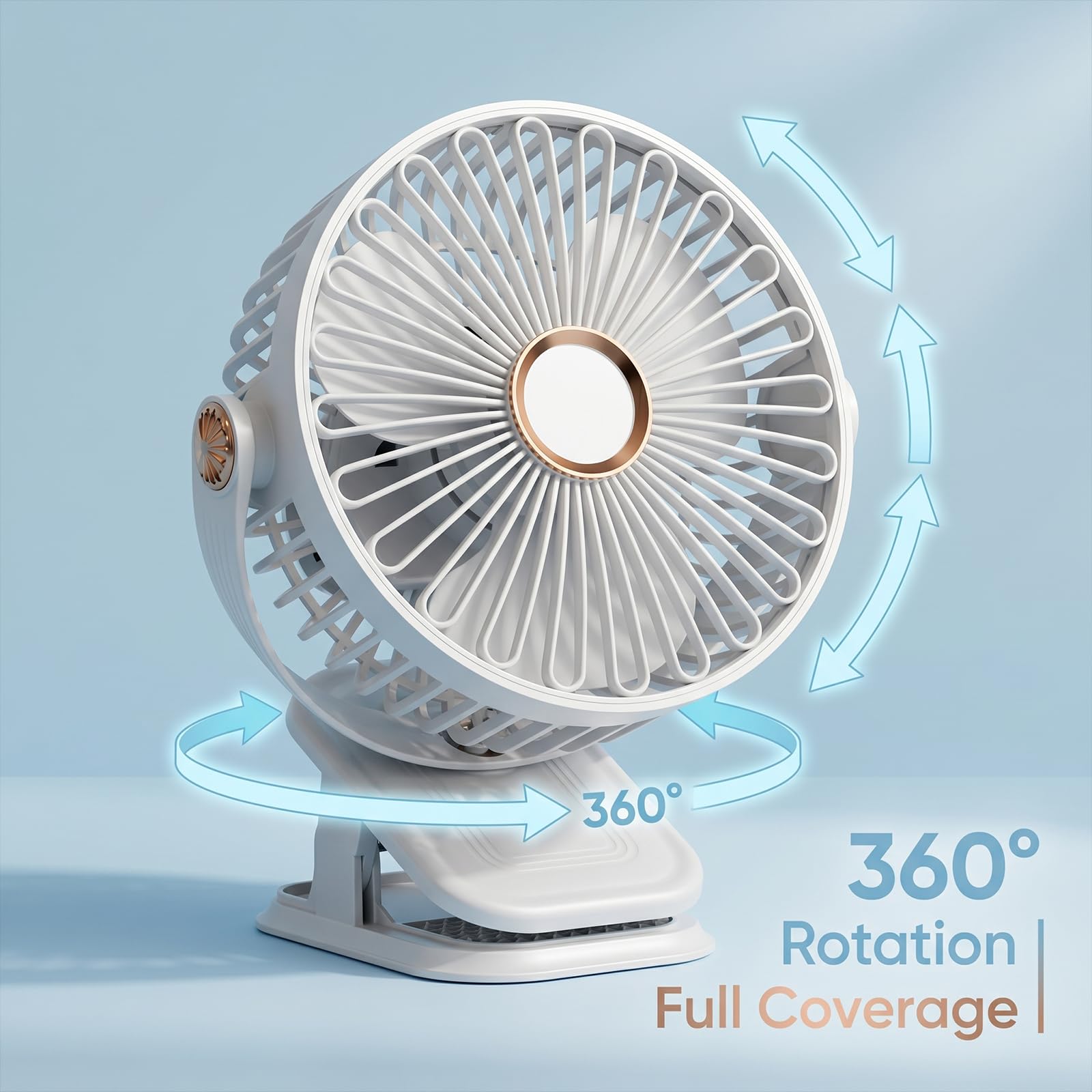 Doppelkopf Clip Ventilator, 360° drehbarer USB Klemmventilator mit 5 Geschwindigkeiten Leise, Akku Tischventilator Klein mit Nachtlicht, Ventilator zum Klemmen für Tisch/Kinderwagen/Büro (B - Schwarz)
