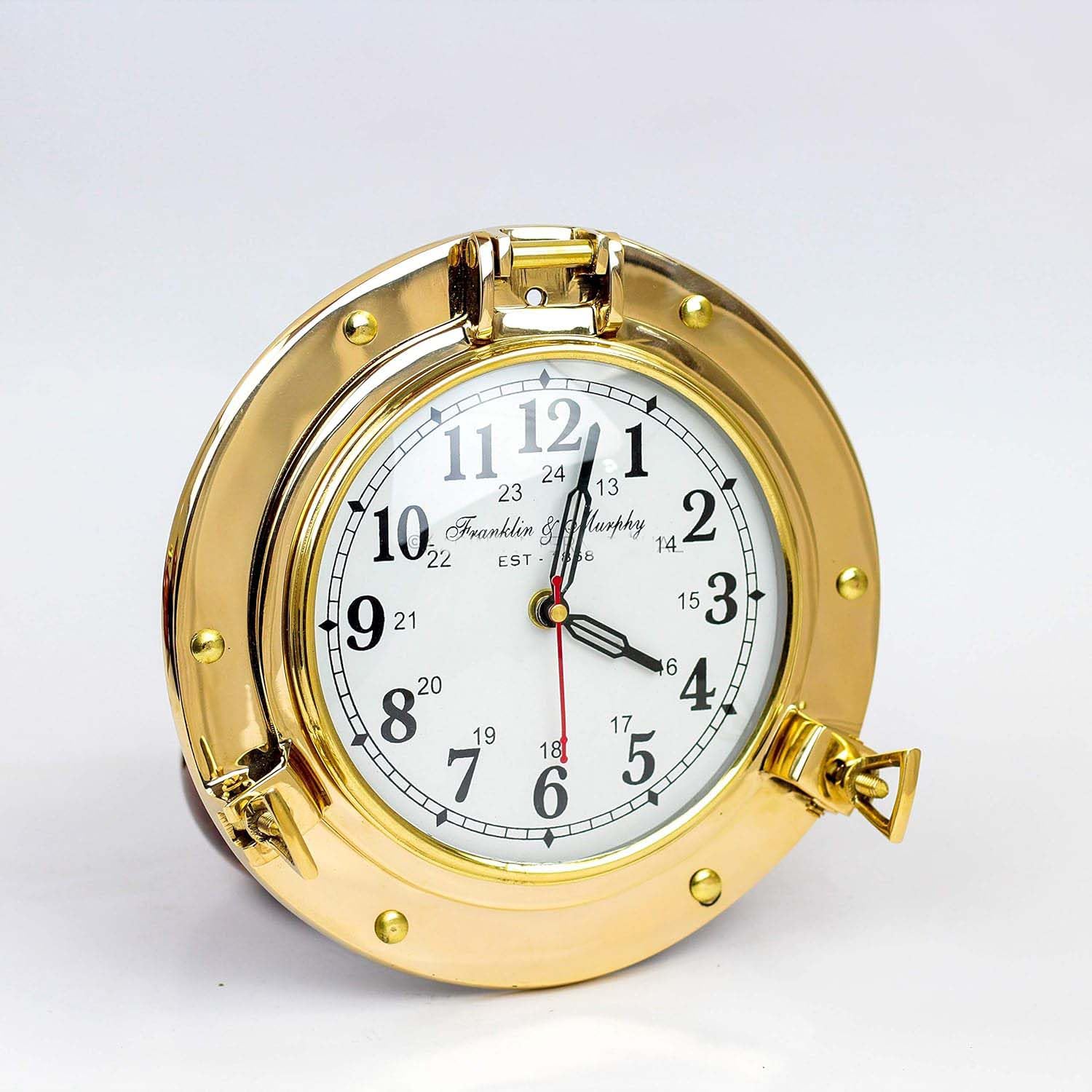 Orologio da parete decorativo in ottone anticato da 22,9 cm, con oblò a forma di nave, regalo nautico, decorazione da parete (ottone lucido)
