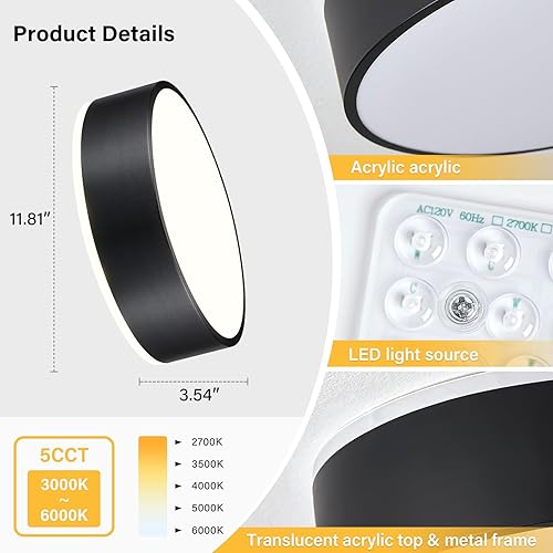 Miniatura 4 de Peblto Lámpara de techo LED negra regulable, 2700K-6000K 5CCT en una moderna lámpara de techo empotrada, iluminación de techo redonda minimalista de