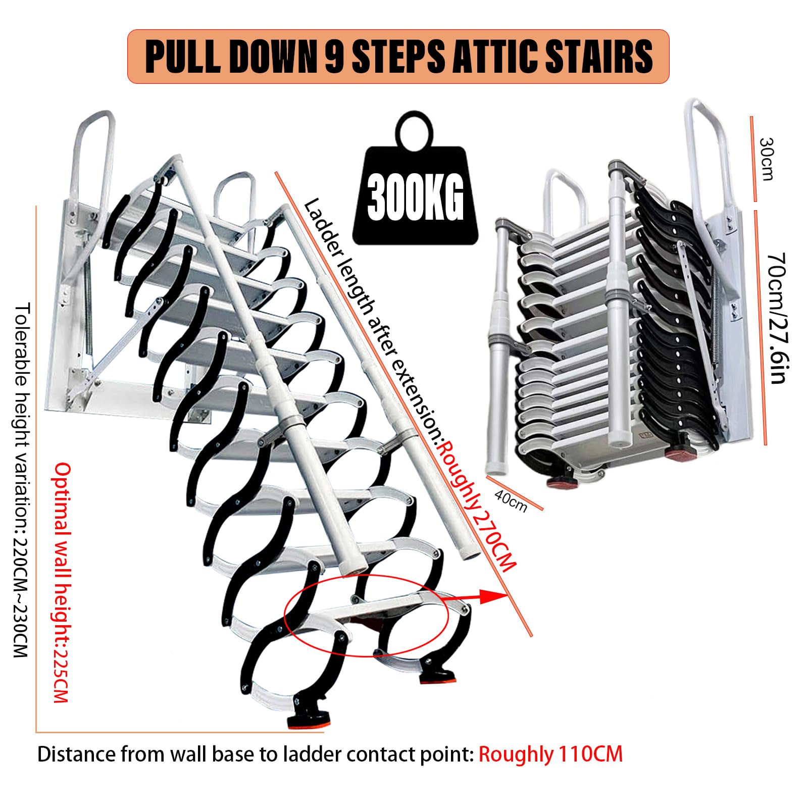 Dachbodentreppe, 9 Stufen Extra-Breite Stahl wandmontierte Versenkbare Treppe, Dachbodenleiter Ausziehbar, Dachtreppe, mit 2 Handläufen, Tragkraft 300 kg, rutschfesten Stufen