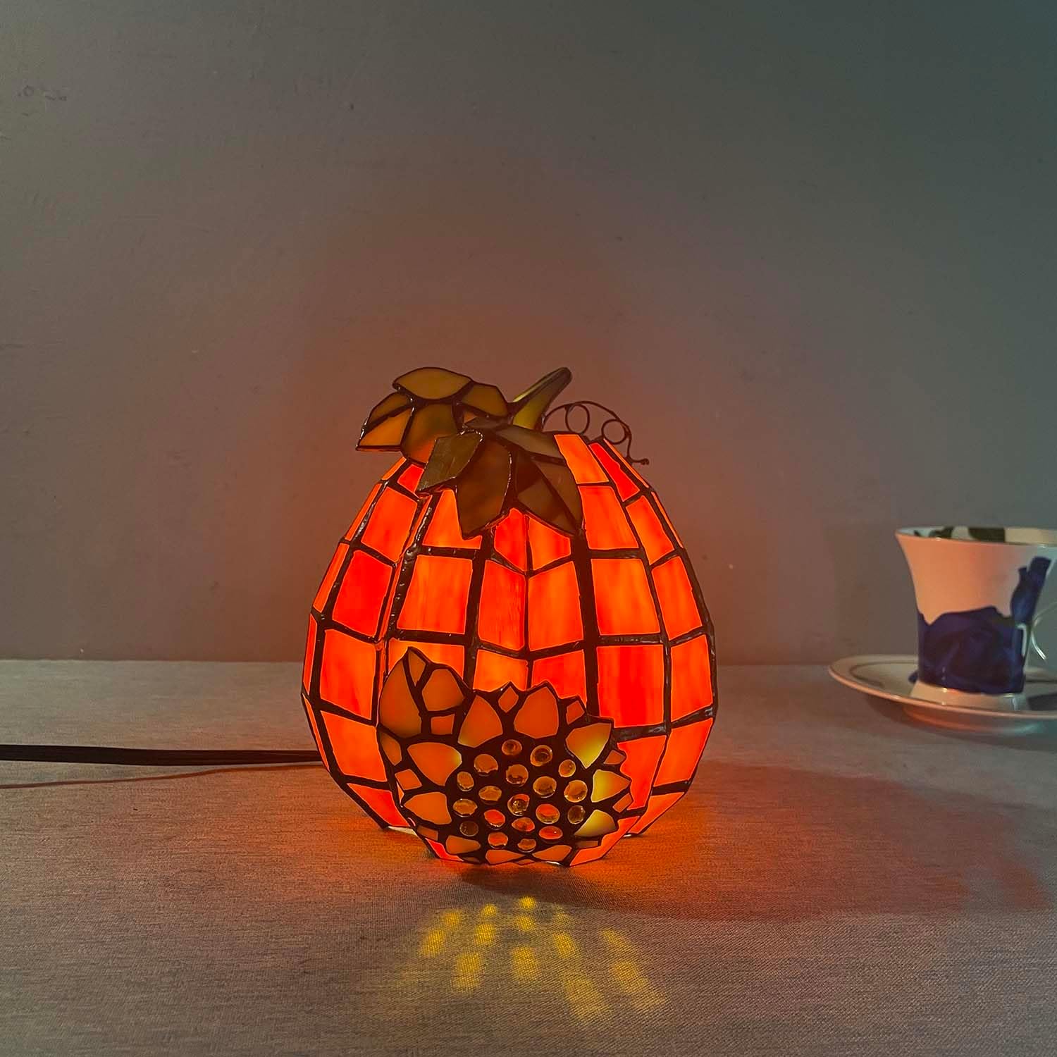 Bieye L10977 Pumpkin Sunflower Tiffany Style Stained Glass Accent Table Lamp for Home Decor (Orange, 6.7" D x 6.7" W x 7.3" H)