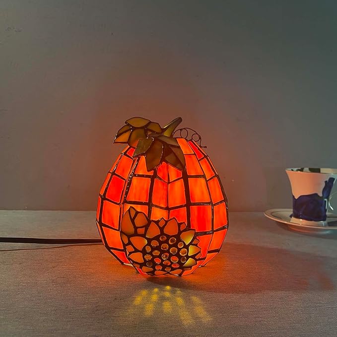 Bieye Bieye L10977 Pumpkin Sunflower Tiffany Style Stained Glass Accent Table Lamp for Home Decor (Orange, 6.7" D x 6.7" W x 7.3" H) photo 3