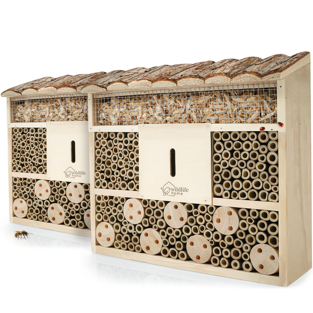 WILDLIFE HOME Bienenhotel Insektenhotel mit Rindendach - 2er Set I Unbehandelt, Bienenhaus aus Massiv-Holz für Bienen, Marienkäfer & Florfliegen, Insektenhaus I Nisthilfe Insektenhotel zum Aufhängen