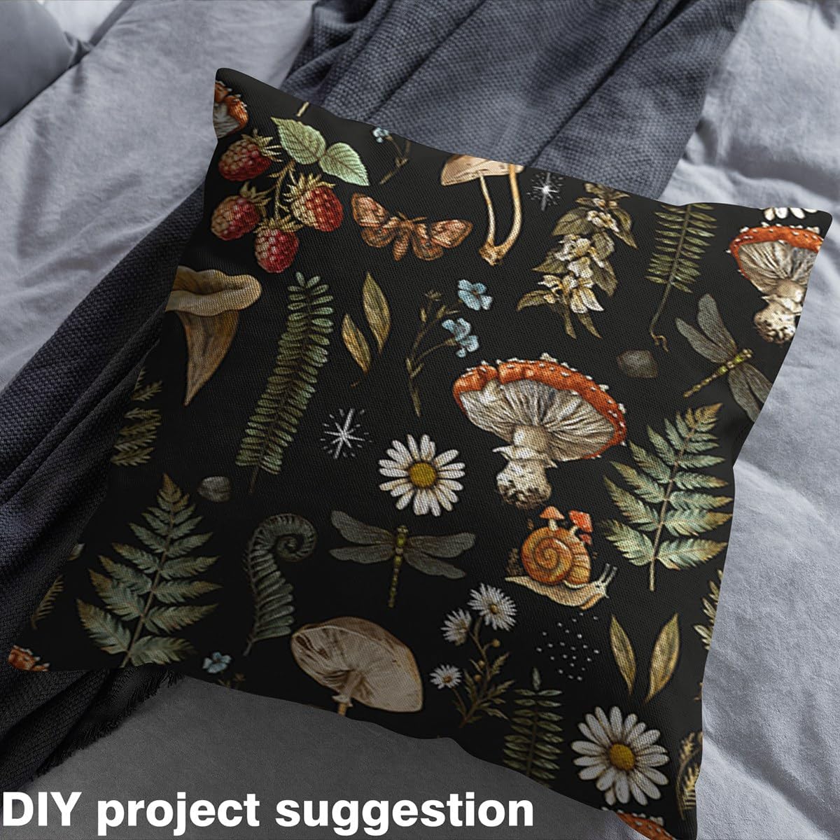 Mushroom Fabric by The Yard Natural Wild Plant Hand Drawing Moth Snail Leaves Pattern Fabric for Decoration Vintage Farmhouse Style Upholstery Fabric for DIY & Projects 2 Yards,72" L x 59" W, Black