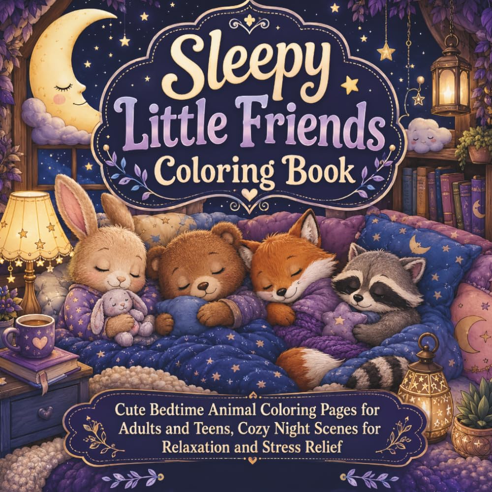 Sleepy Little Friends Coloring Book: Cute Bedtime Animal Coloring Pages for Adults and Teens, Cozy Night Scenes for Relaxation and Stress Relief