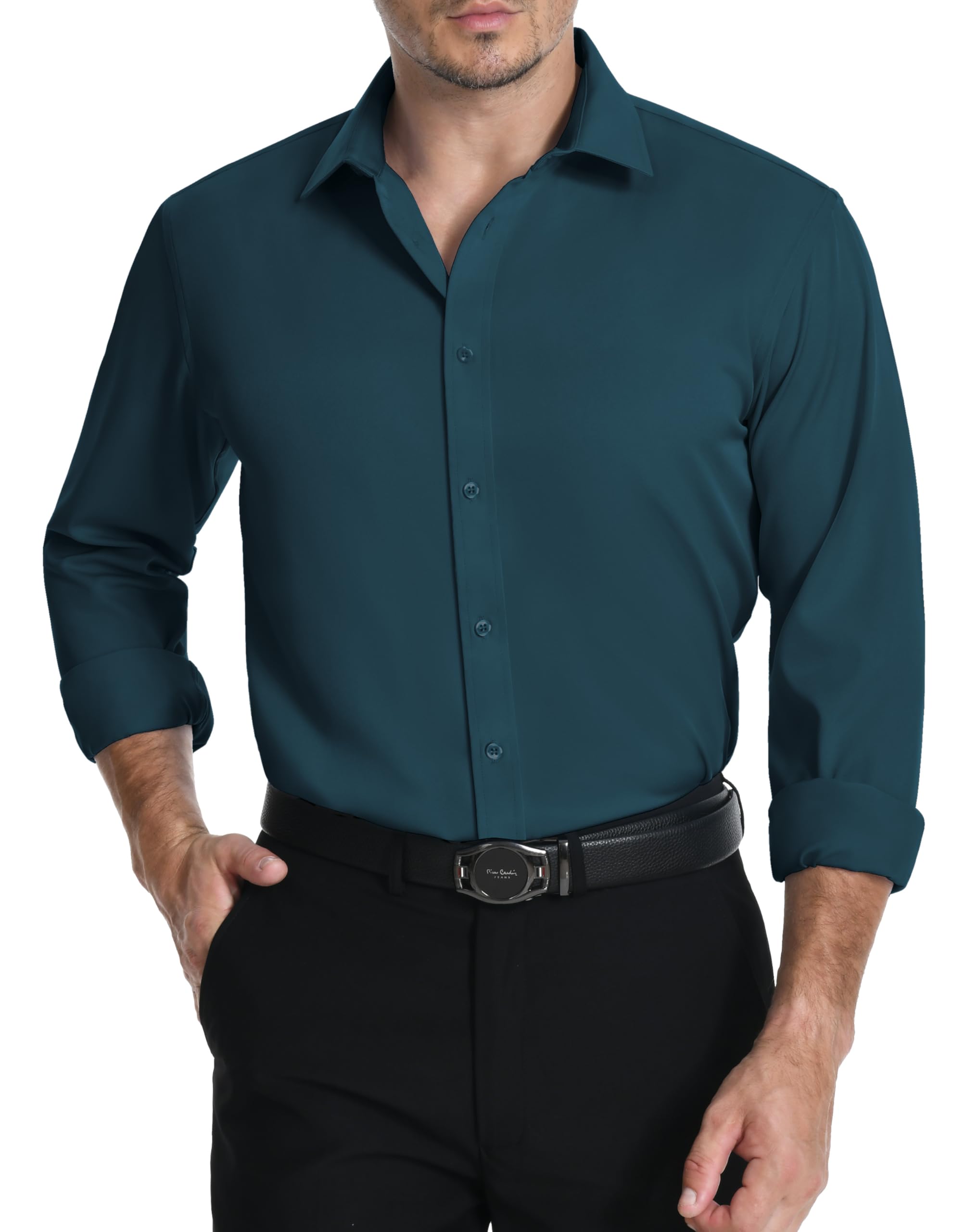 LUPURTY Dress Shirts for Men Long Sleeve Regular Fit Button Down Shirt Stretch Wrinkle Free Business Formal