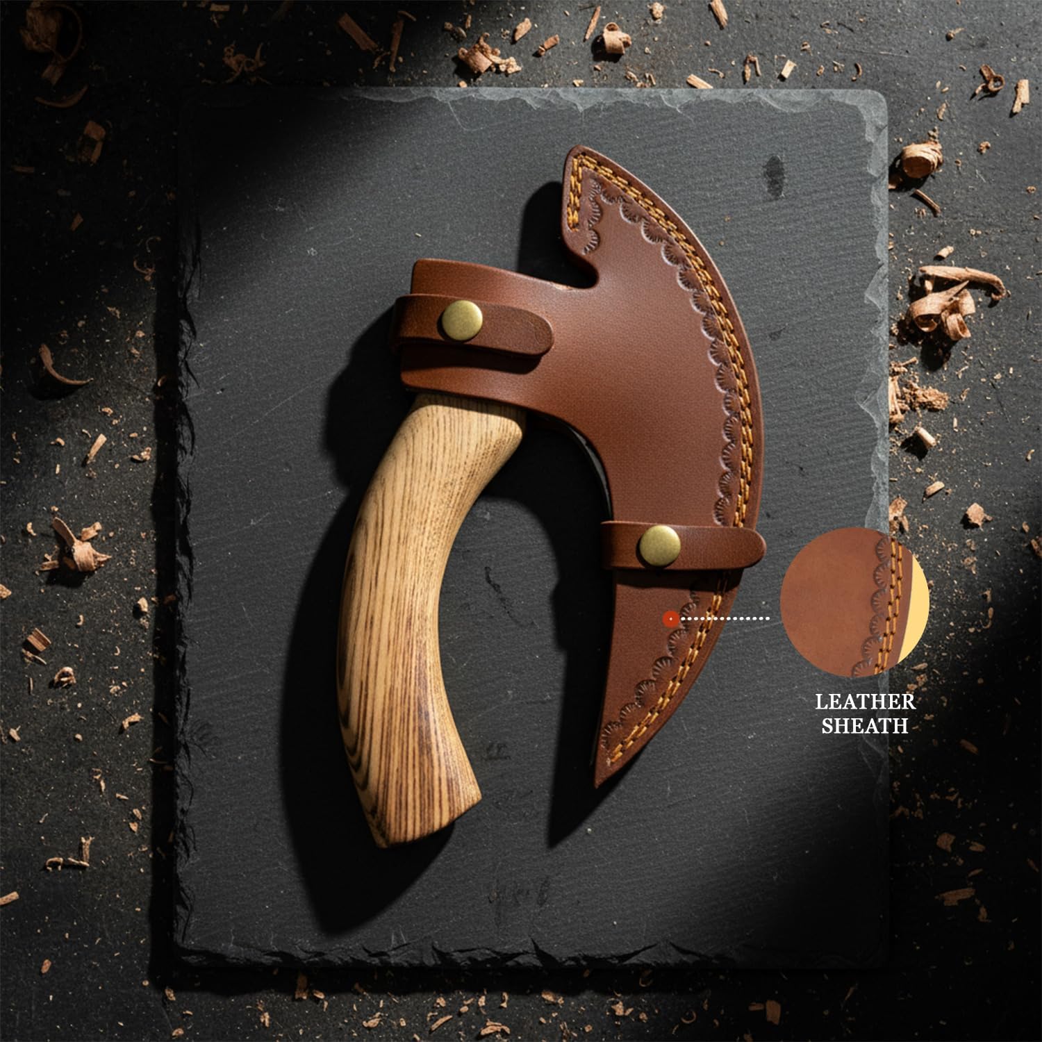 Handmade Ulu Kitchen Mini-Axe Knife Rose Wood Handle Comes with Leather Sheath (6009-P)