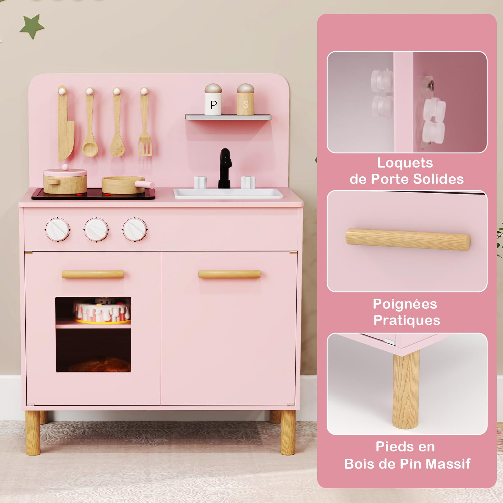 COSTWAY Cuisine Enfant en Bois avec Lumière & Son & 10 Accessoires, Jeu de Cuisine Enfant avec Évier Amovible & Poêles Double, Espace de Rangement, Jeu de Rôle pour Enfant de 3 Ans+ (Rose)