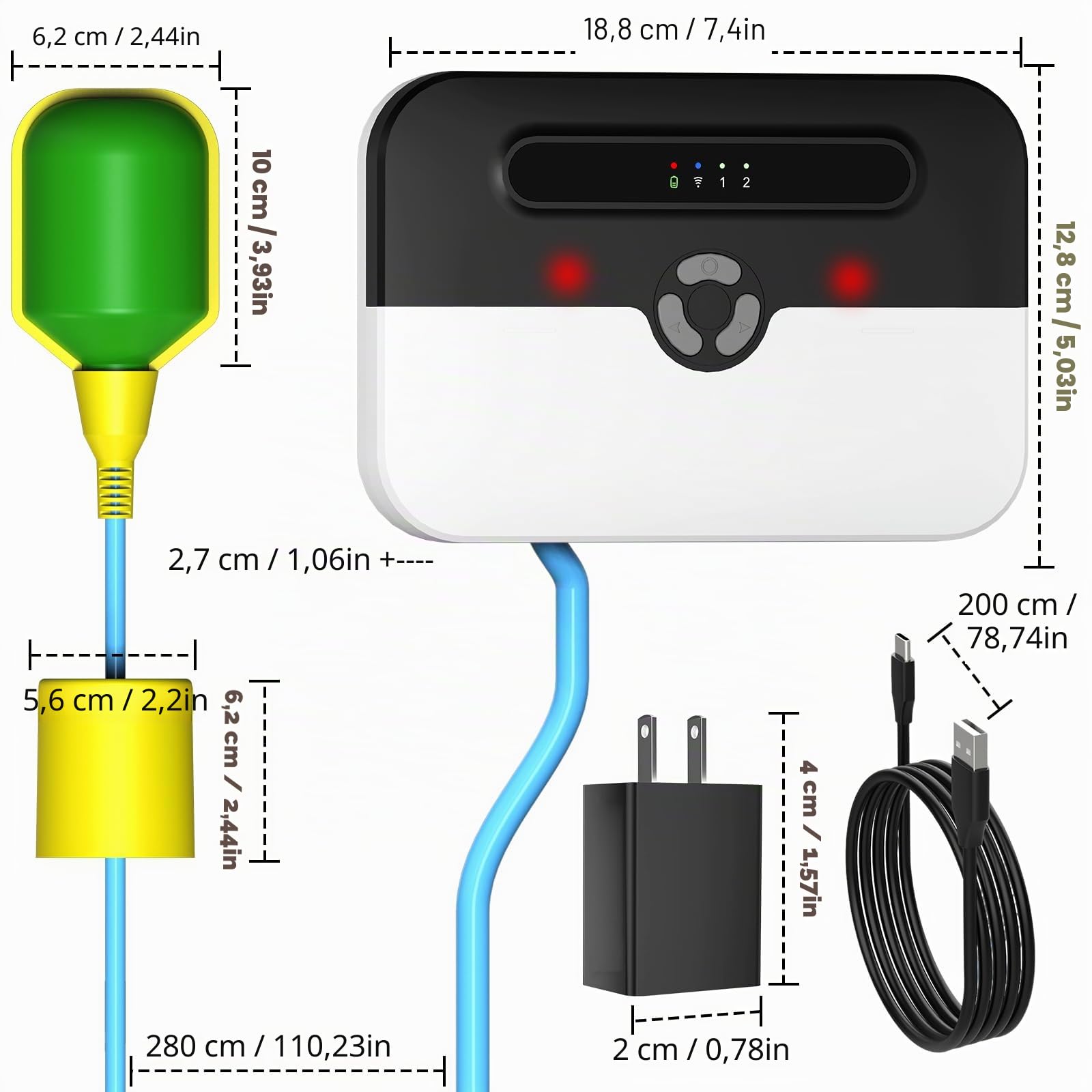 LUCKYDUO Z7PRO WiFi Wassermelder, Backup Batterie, Hoch/Niedrig, 110dB | Wassermelder mit App-Alarm, 110dB Sirene, LED, Notakku, IP65 wasserdicht, 3m Schwimmer, Keller Klärgrube Zisterne