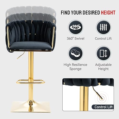 Miniatura 4 de NIOIIKIT Juego de 2 taburetes de bar tapizados de terciopelo, silla de altura de mostrador con respaldo tejido a mano, taburete de comedor con