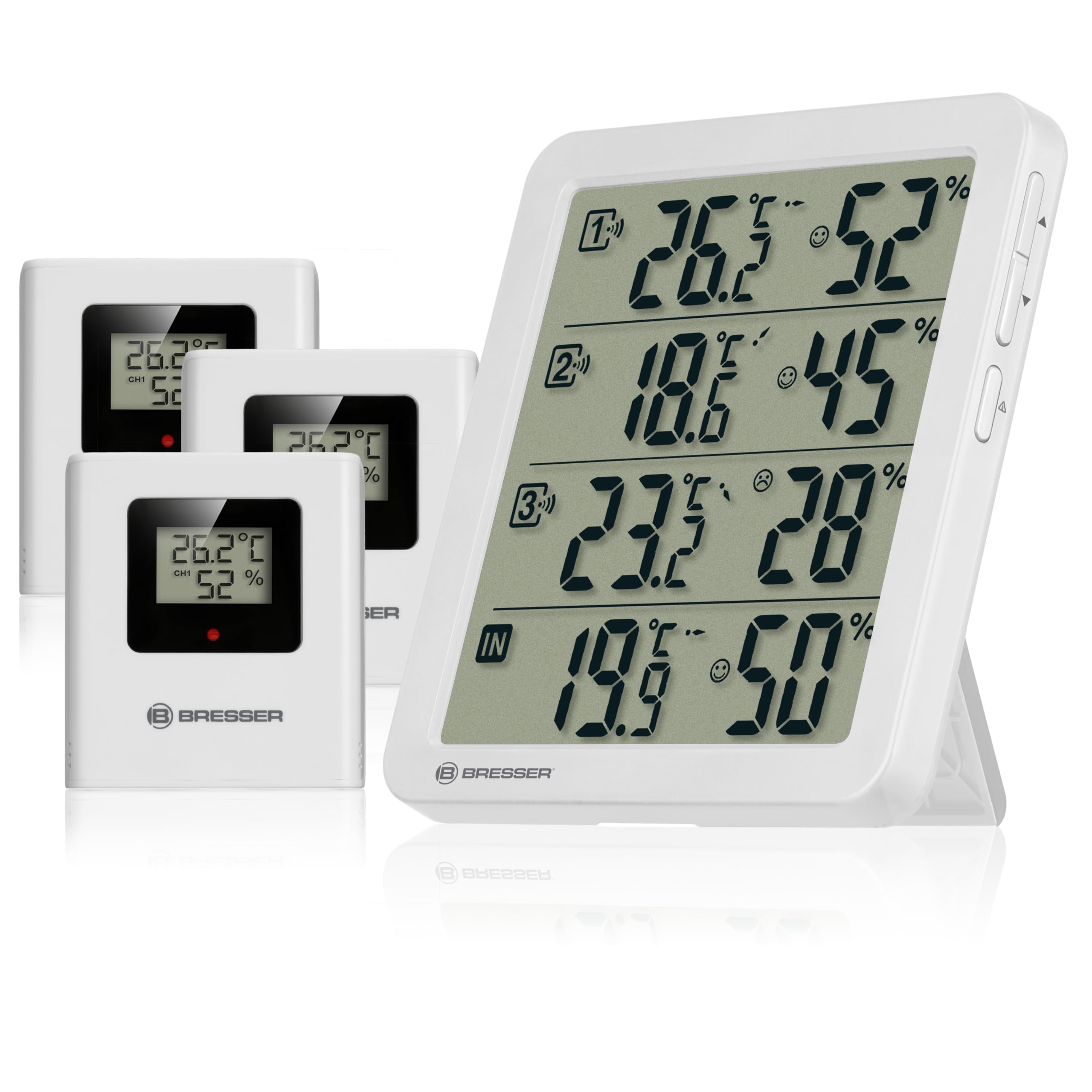 Bresser Thermo-Hygrometer Set mit 3 Funksensoren Temperatur Luftfeuchtigkeit Anzeige Alarm Raumklima