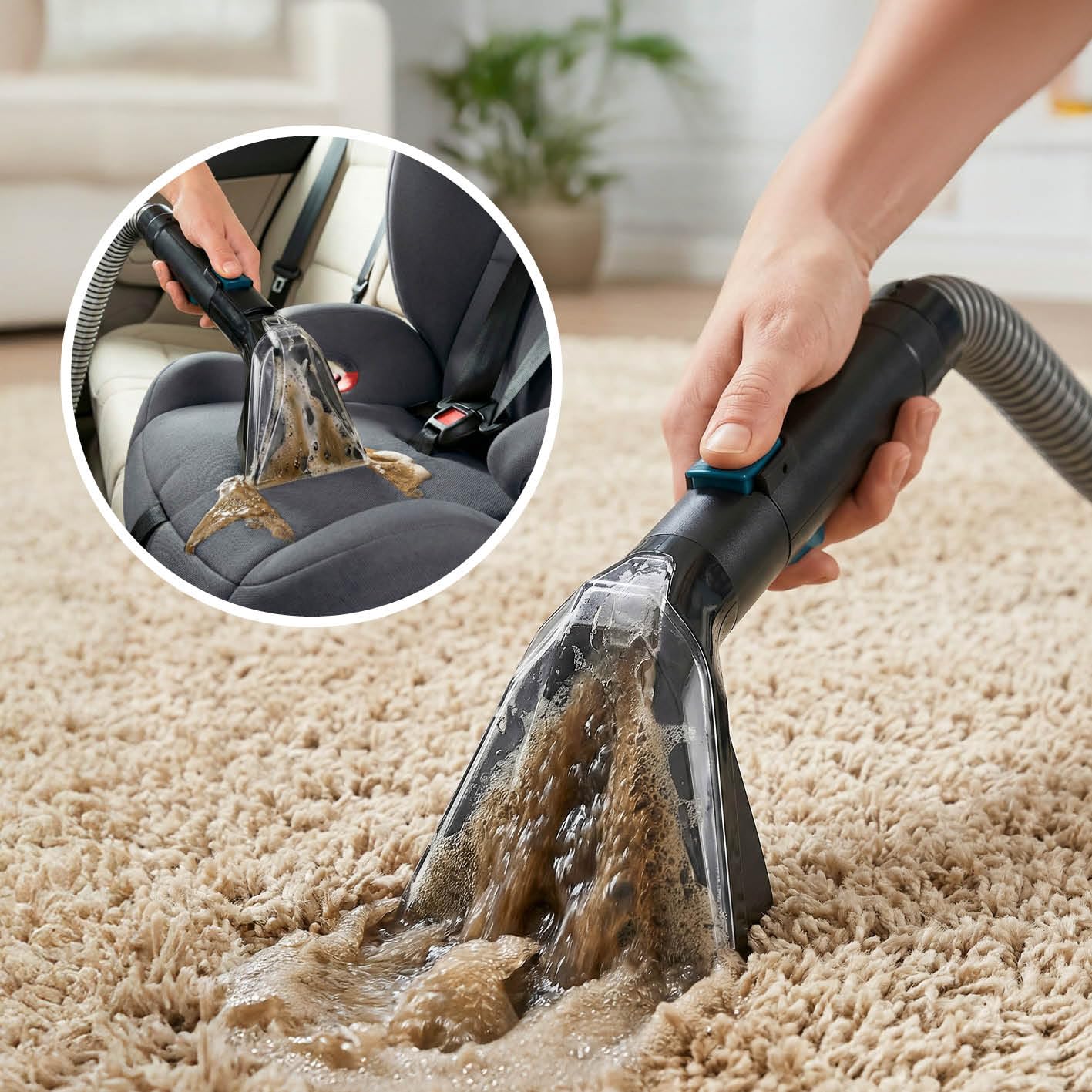 Aspirador de lavado – Limpiador de tapicería compacto y limpiador de alfombras con potencia de succión de 12 kPa | Boquilla 2 en 1 + boquilla combinada, cable de 4 m y autolimpieza |