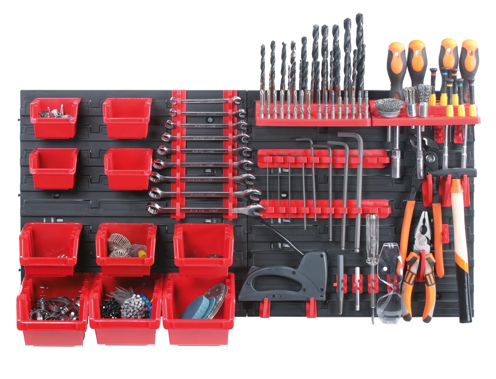 B2c Red Wall Mounted Tool Peg Board Set Garage Storage Bins Workshop Rack Shed Organiser 50 Models Various Shapes And Layouts Small Medium Large (Model 25)
