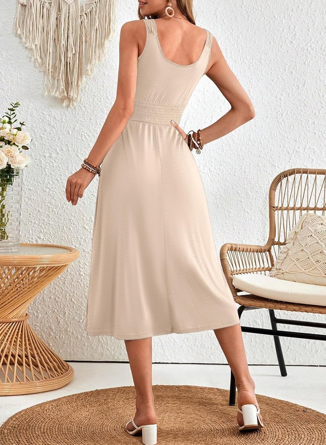 Dokotoo Womens Summer Dresses 2025 Sleeveless Button Down Smocked Empire Waist Casual A-Line Swing Midi Dress Sundress - Image 2