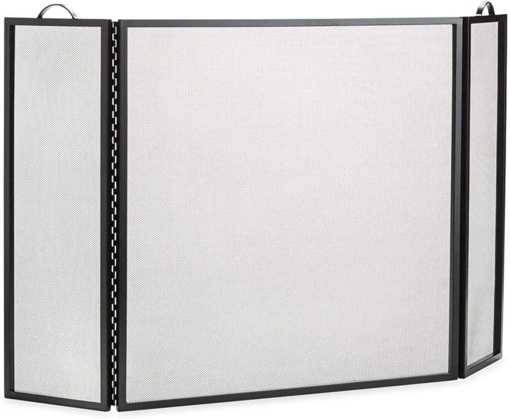 Plow & Hearth Metal Fireplace Screen 3 Panel Black | 50" W x 30" H | Flat Spark Guard Cover | Stand Alone Wrought Iron Panel Fire Place Cover