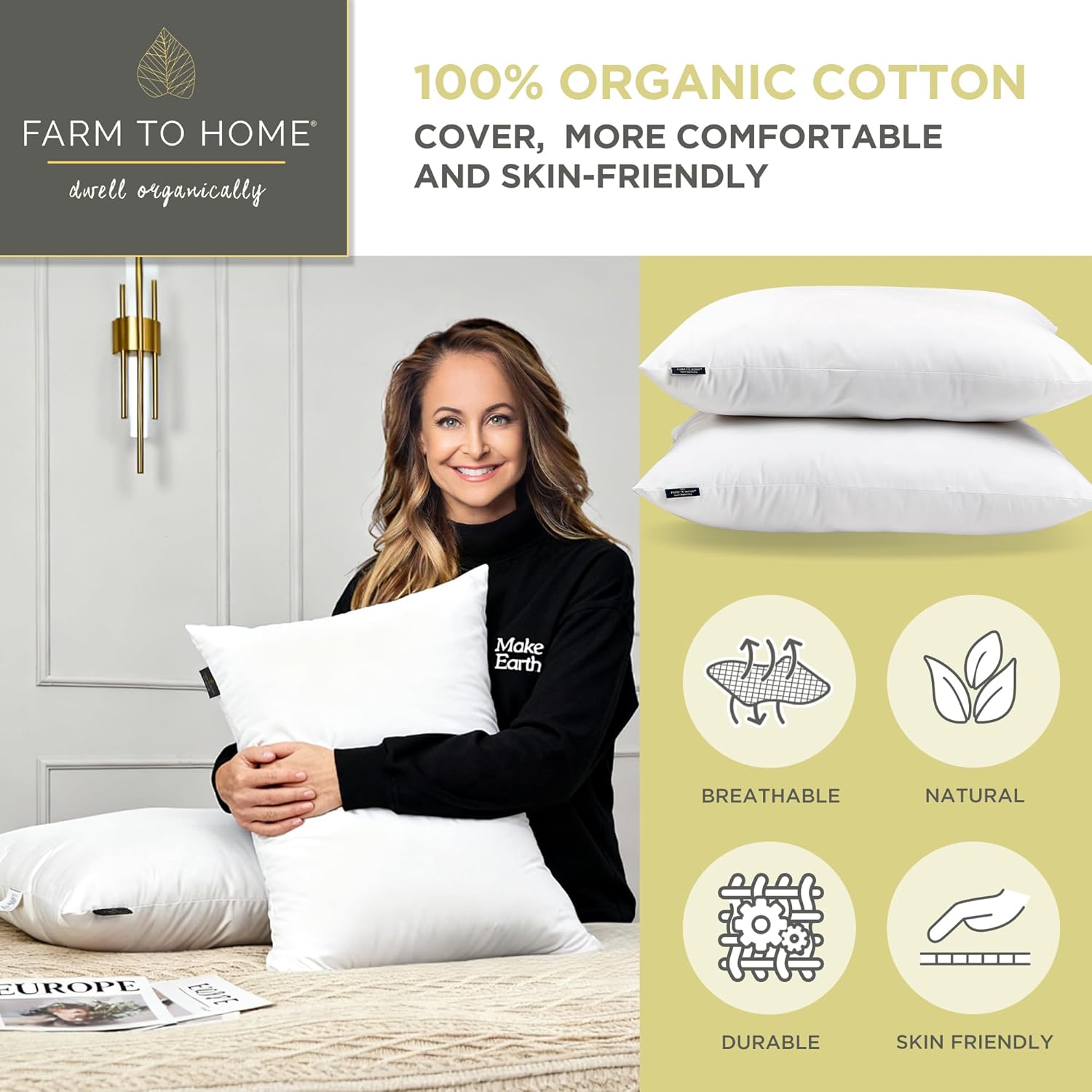 Farm to Home Feather and Down Pillows, 100% Organic Cotton Cover Pillows, Luxury Hotel Collection Bed Pillows for Sleeping, 20" x 28" Jumbo Size Set of 2 - Image 4