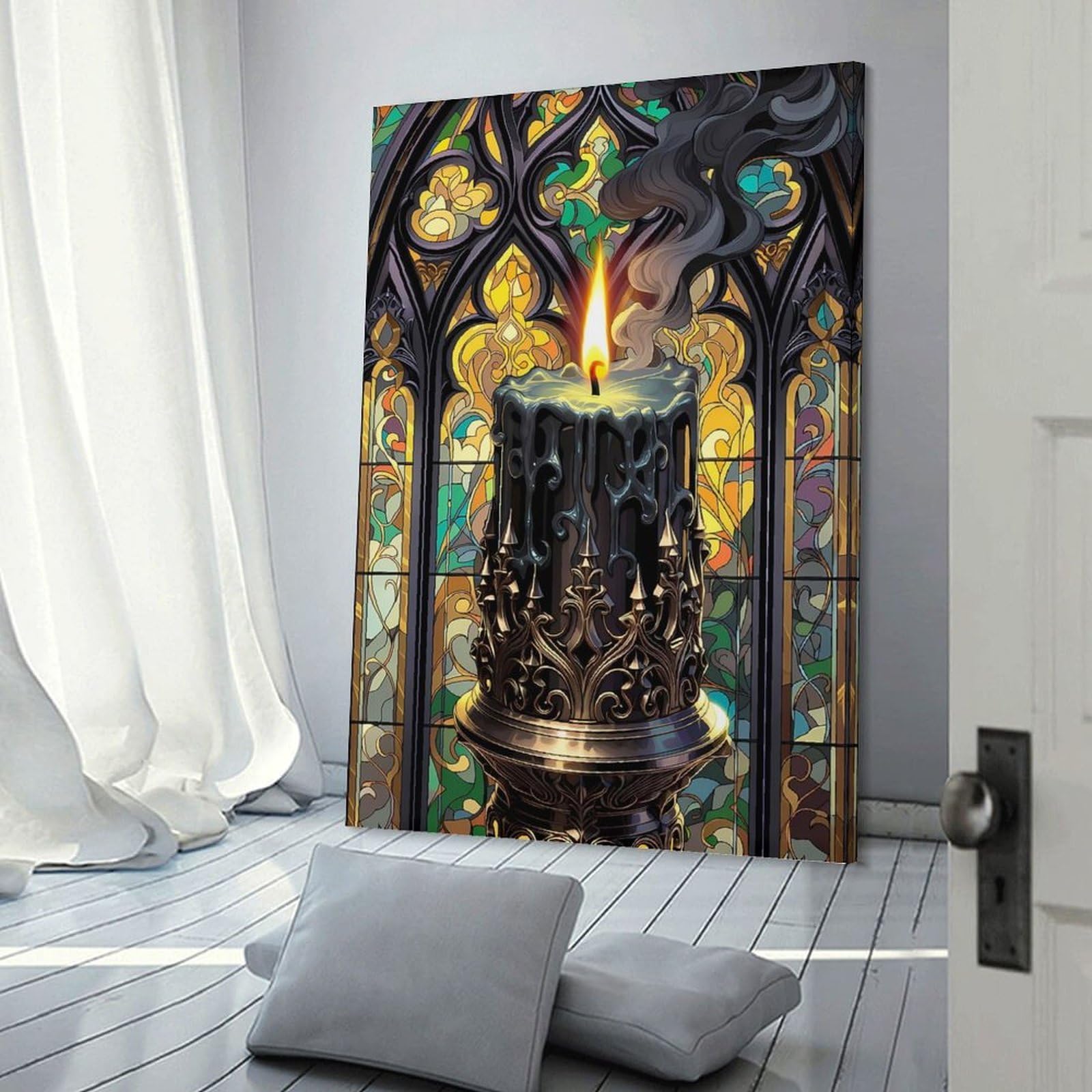 Junmoney Frame-Style-4 Canvas Art Print Gothic Candle In Stained Glass, 08X12inch(20X30cm), For Office, Study Or Home Workspace, Wall Art That Adds Style To Work Areas