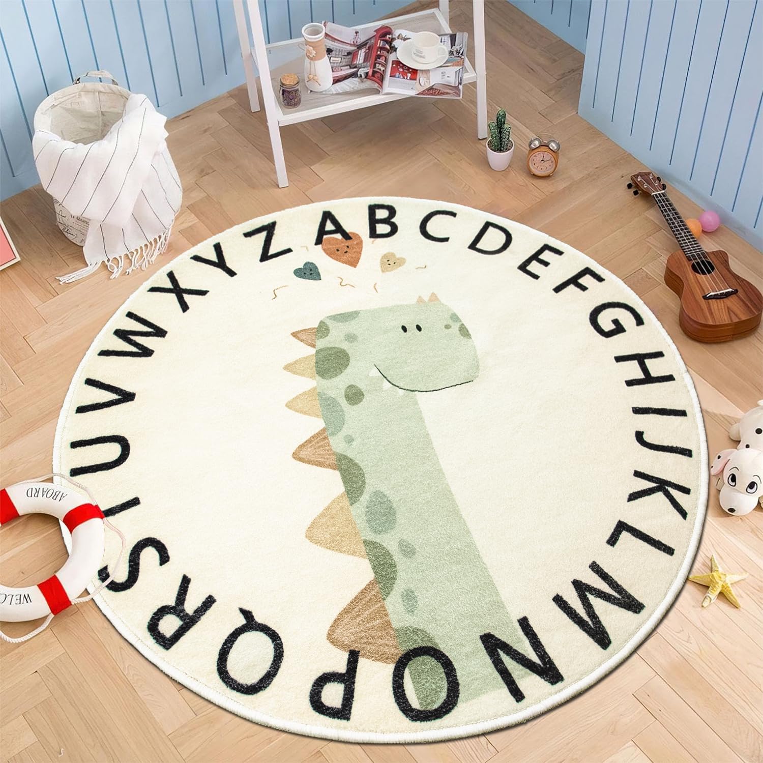 Kinderteppich Teppich Kinderzimmer Rund Kurzflor, rutschfest Waschbare Spielmatte für Jungen Mädchen Mit Tierbild, Grösse: 120 cm Rund, Farbe: Beige